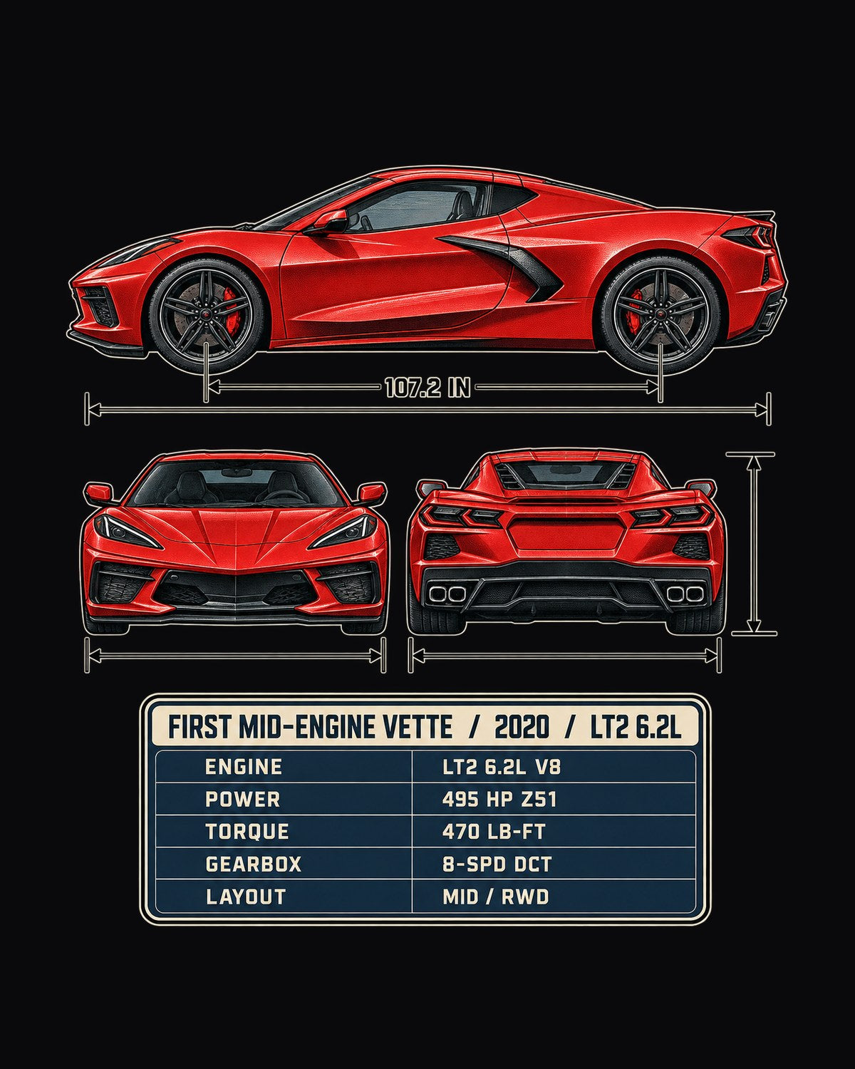 Chevrolet Corvette C8 Stingray Three-View Spec Table Tee design only