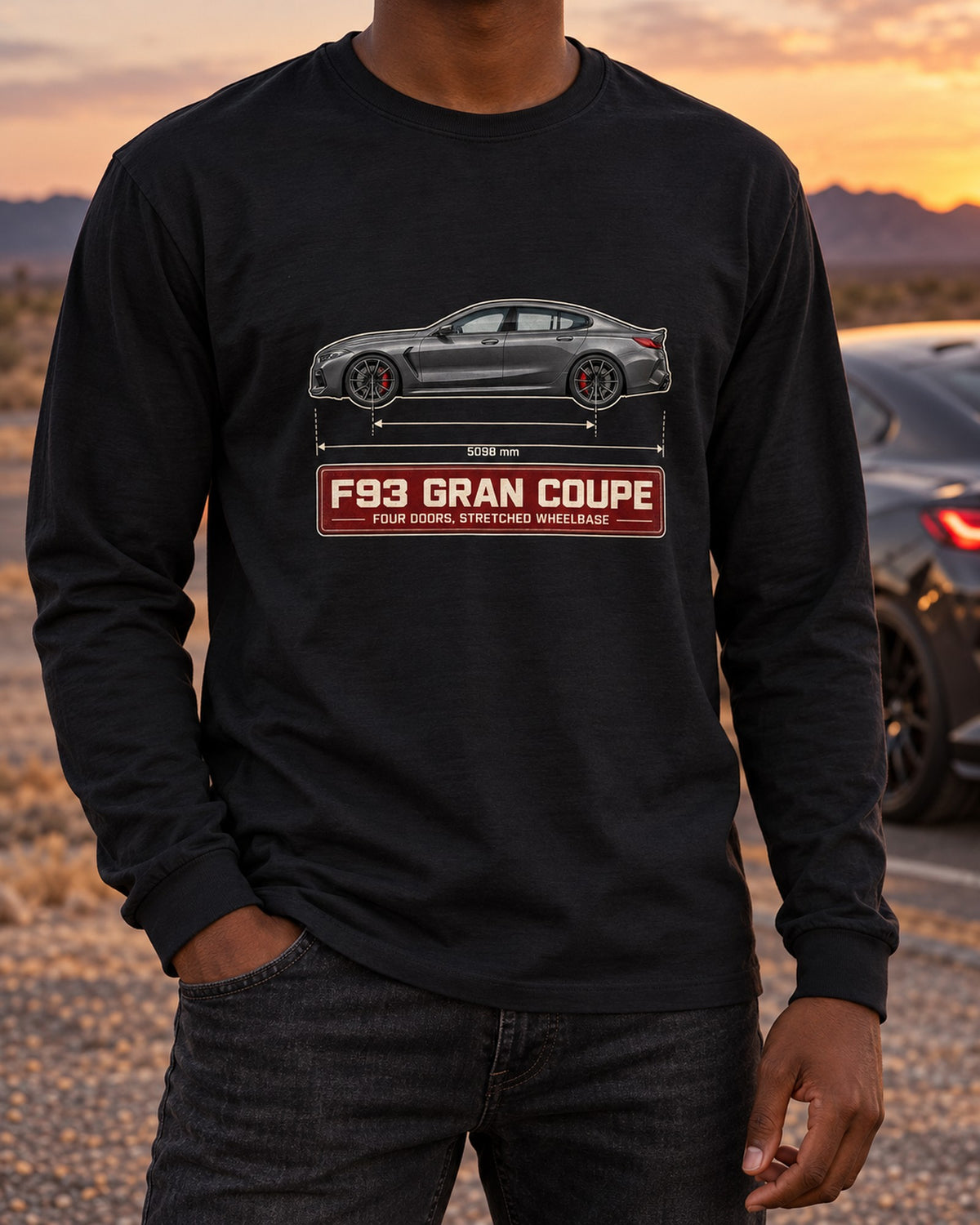 BMW M8 Gran Coupe F93 Blueprint Tee, Four Door Car Guy Long Sleeve Black worn hero