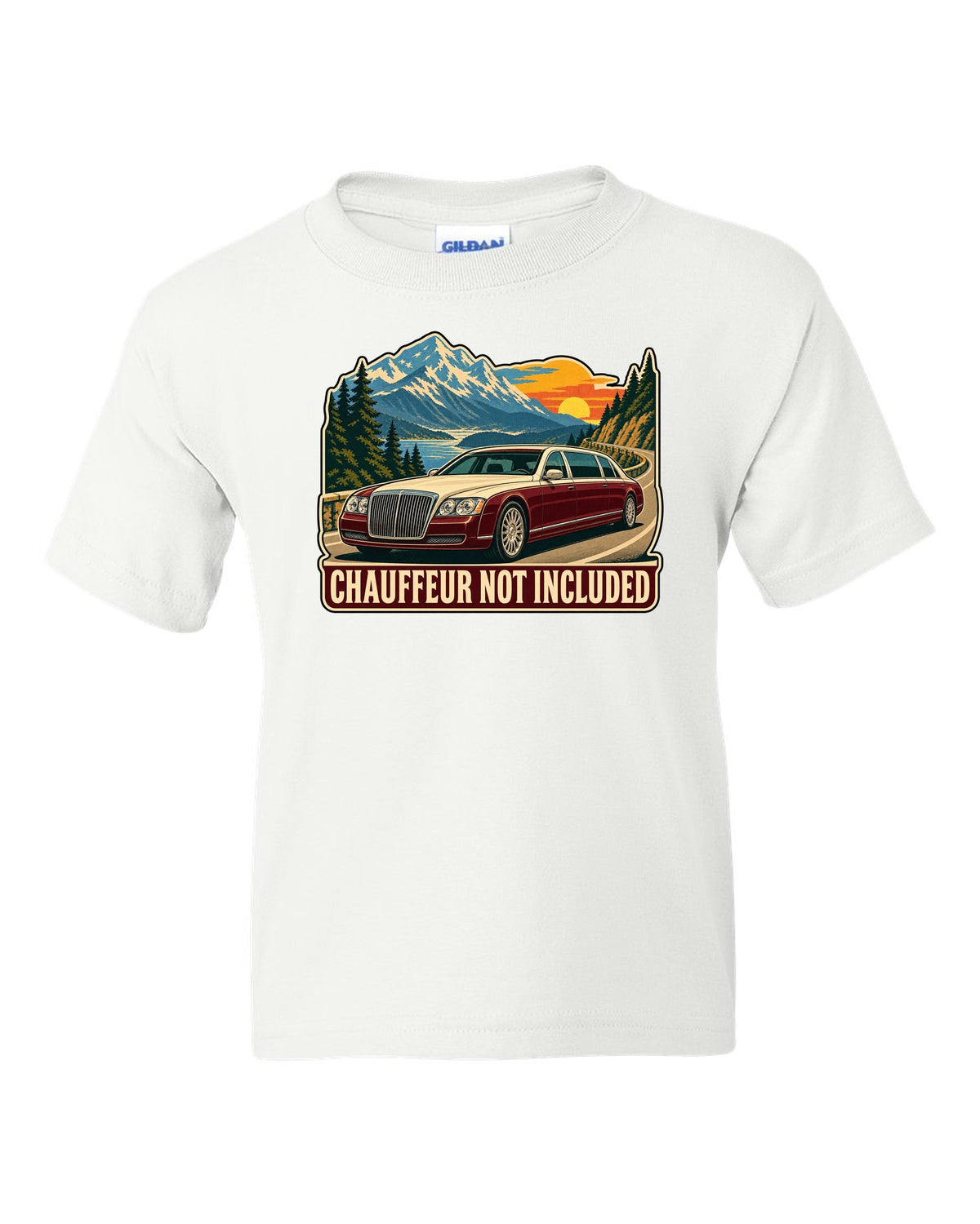 1960s litho travel poster of a Maybach 57 W240 with Chauffeur Not Included text white kids tee front view with the design