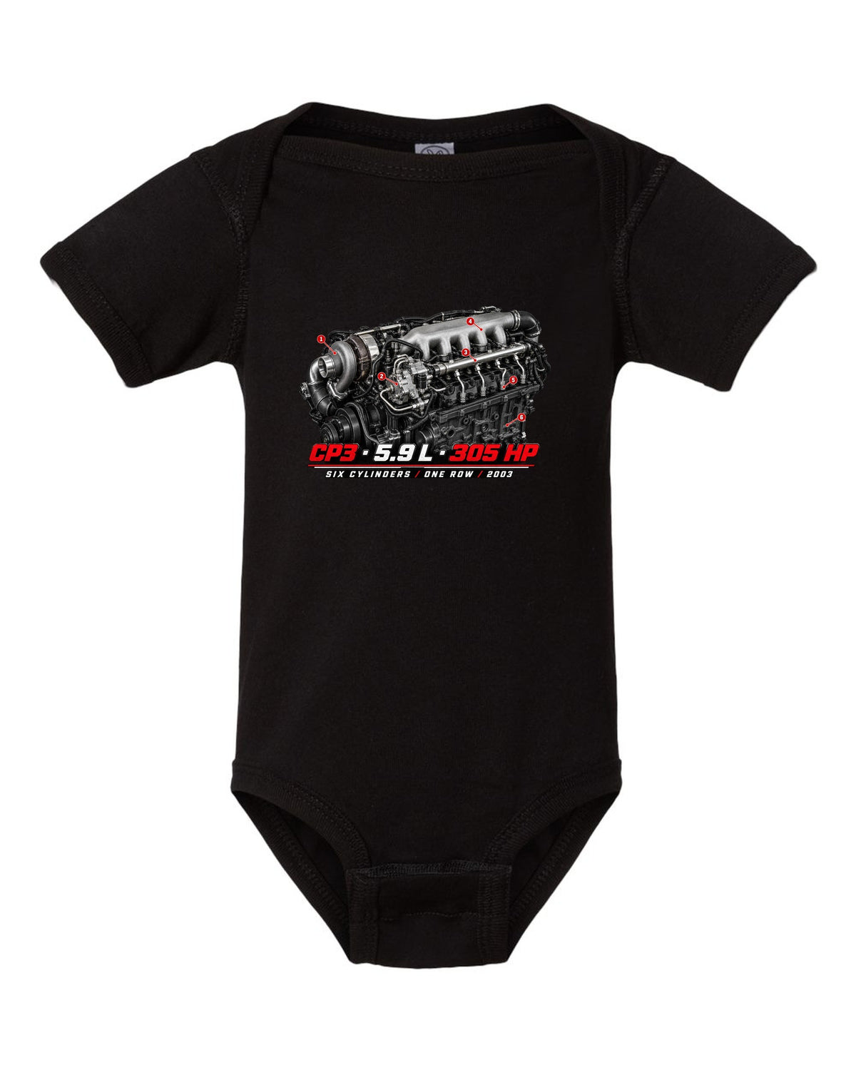 Engine hero print of a 5.9 L inline-six common rail turbo diesel with CP3, 5.9 L, 305 HP black baby onesie front view with the design