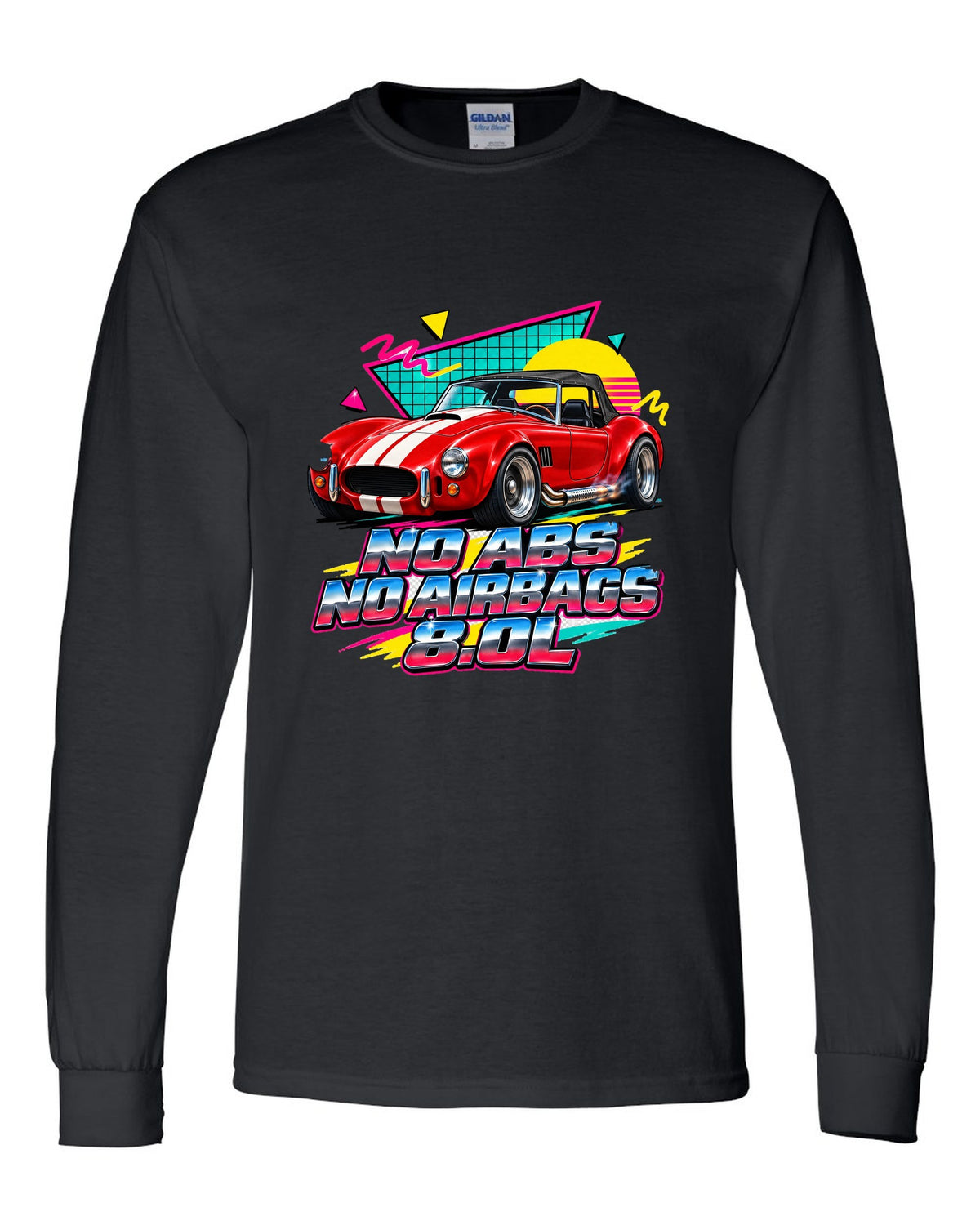 Airbrushed 90s Memphis grid print of a 1992 Dodge Viper RT/10 with no ABS text black long sleeve front view with the design