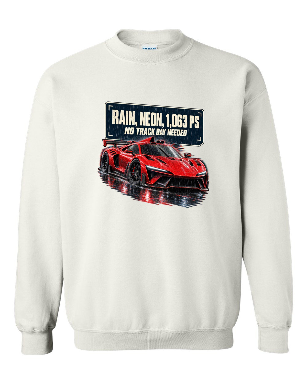 Mercedes-AMG One hypercar on a rainy neon night street white crewneck front view with the design