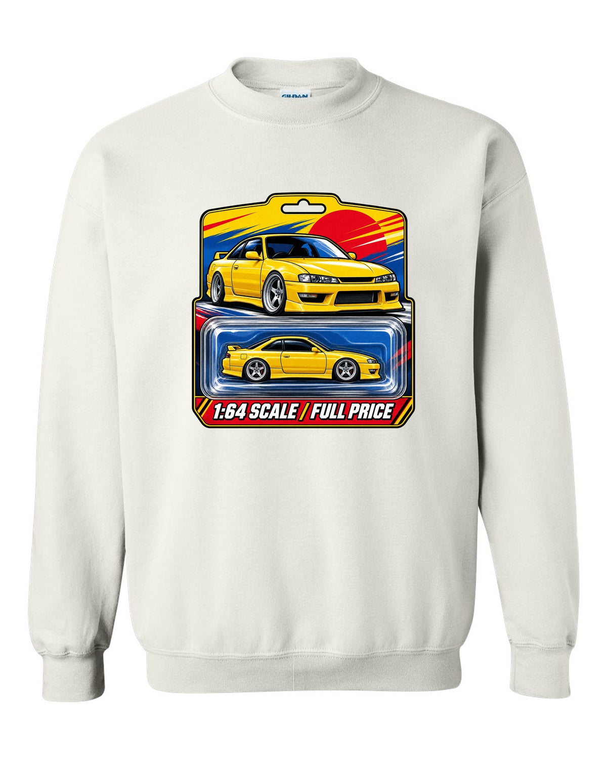 Toy blister card layout print of a Nissan Silvia S14 with 1:64 scale full price text white crewneck front view with the design