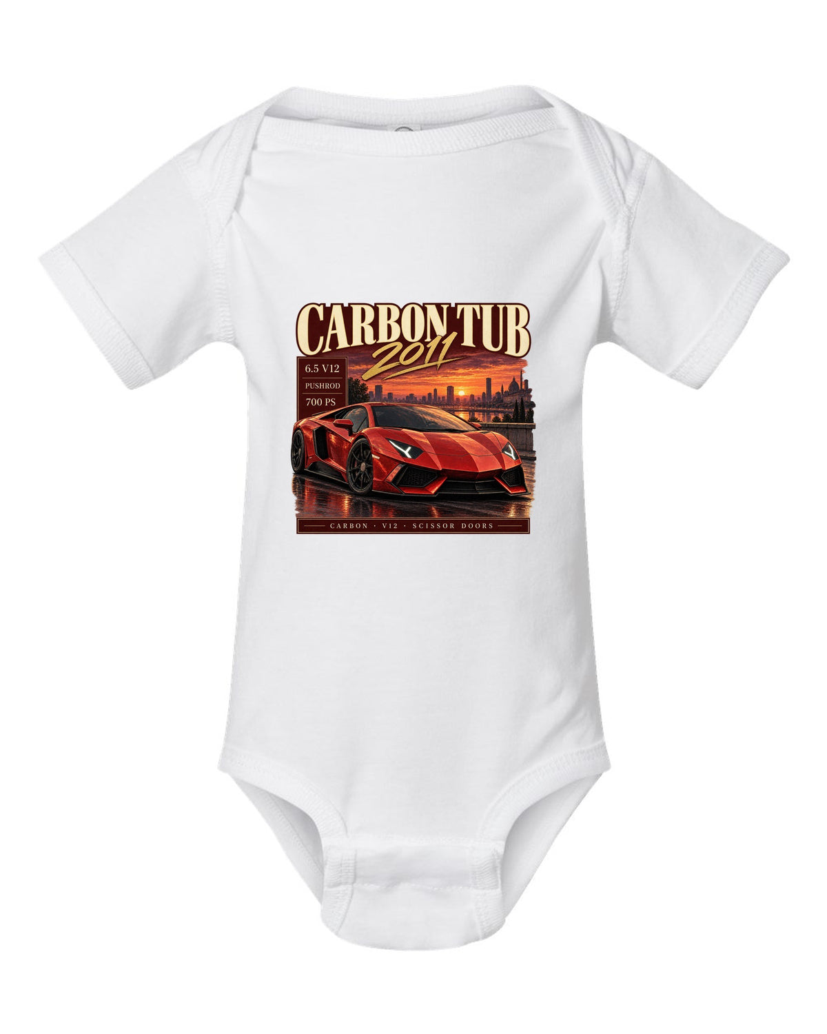 Archive panel print of a Lamborghini Aventador LP700-4 with Carbon Tub and 6.5 V12 text white baby onesie front view with the design
