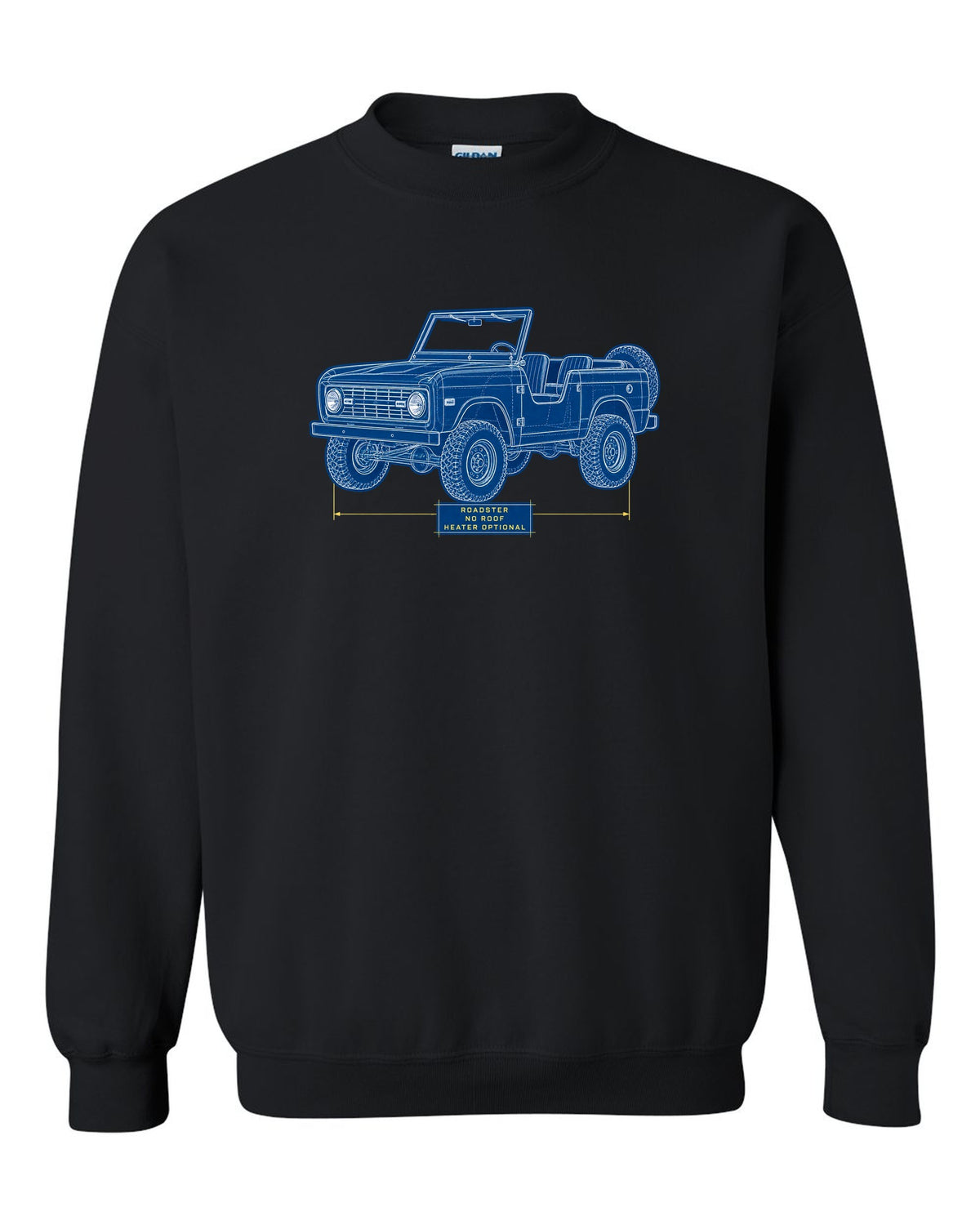 Cyanotype plan-view blueprint of a 1966 Ford Bronco U13 roadster on a trail map with NO ROOF lettering black crewneck front view with the design