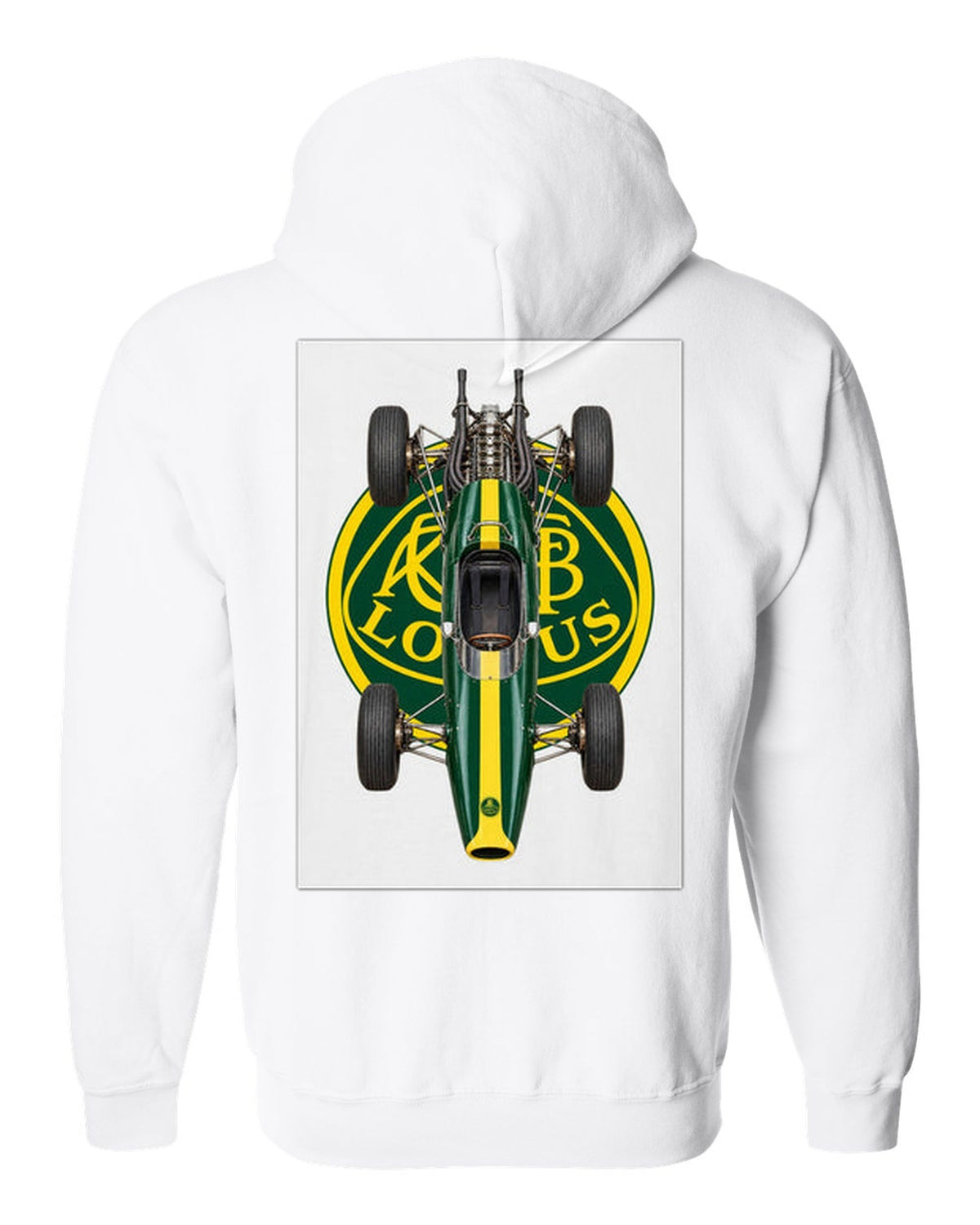 Lotus 25 1963 Formula 1 overhead poster artwork white zip hoodie back view with the design