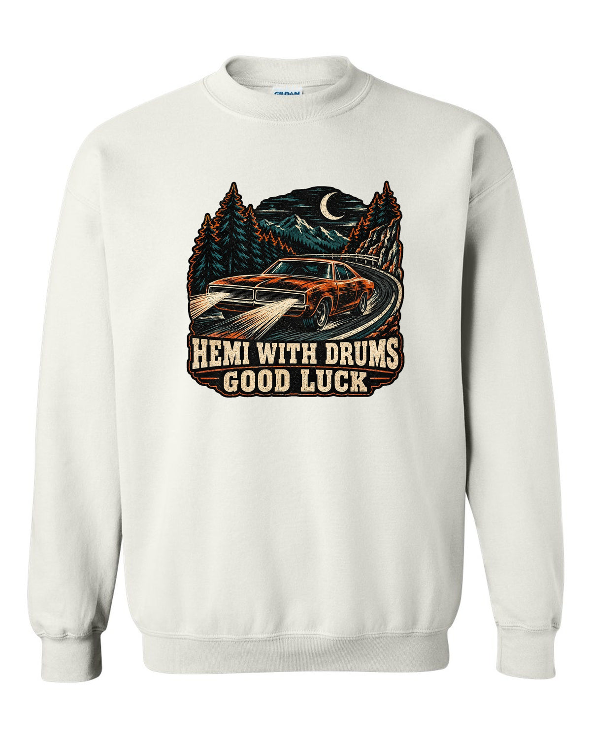 1968 Dodge Charger R/T multi-ink woodcut linocut print with Hemi With Drums Good Luck text white crewneck front view with the design