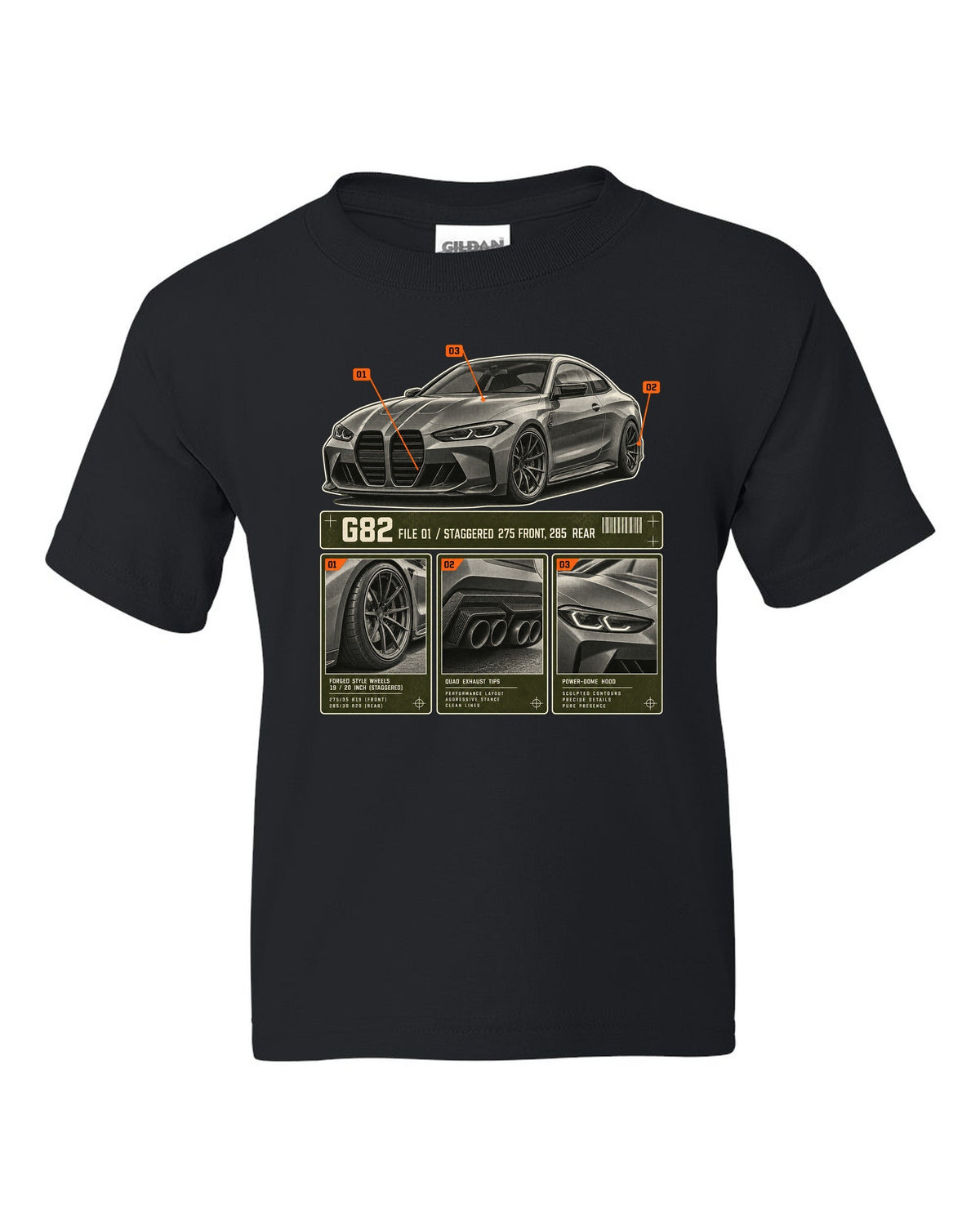 BMW M4 Competition G82 dossier panels print noting staggered 275 front and 285 rear black kids tee front view with the design