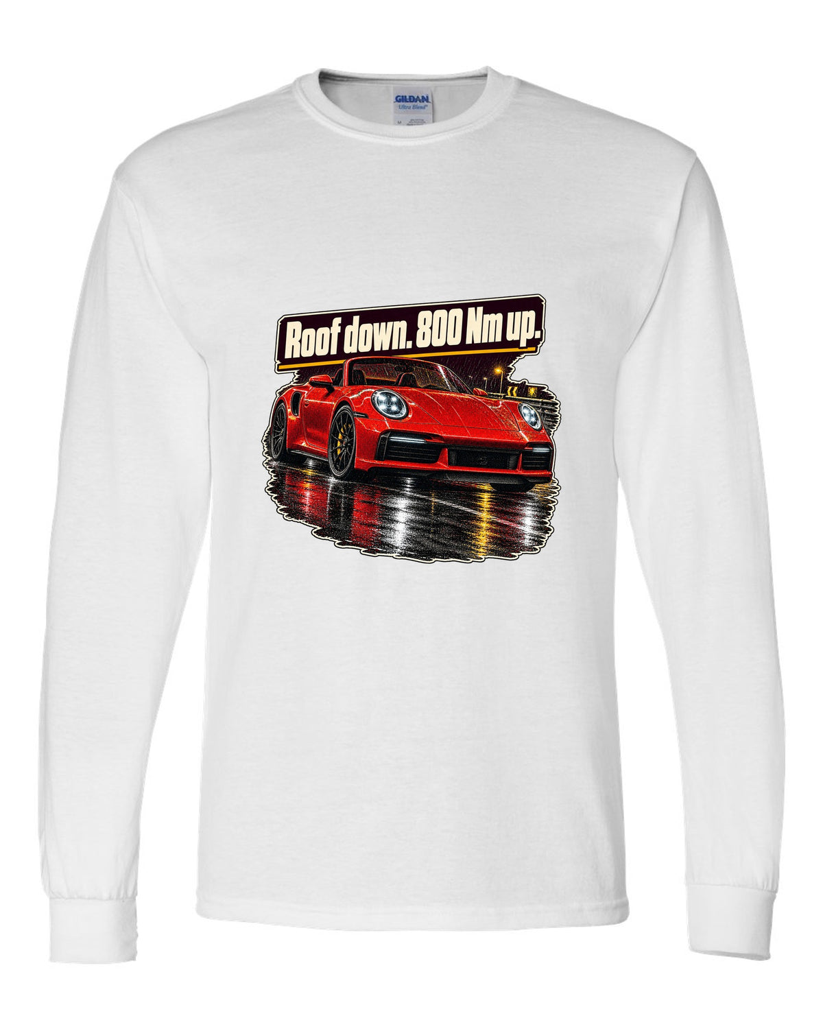 Night street print of a Porsche 992 Turbo S Cabriolet with roof down white long sleeve front view with the design