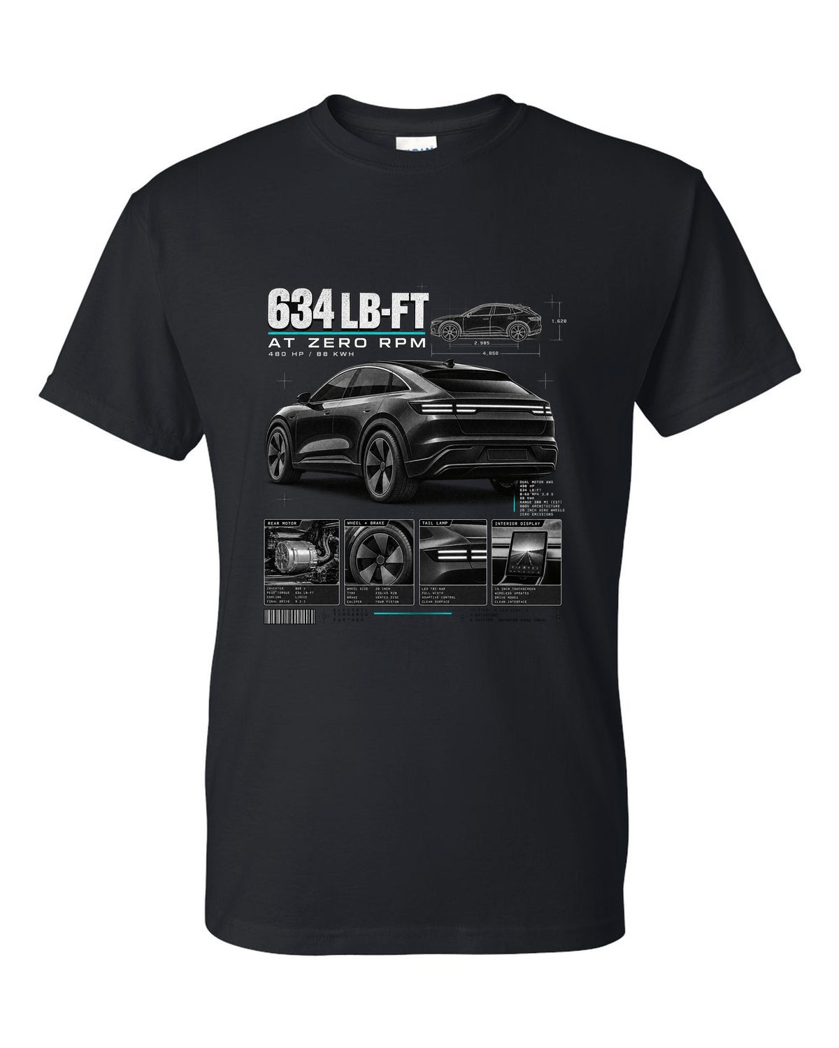 Ford Mustang Mach-E GT CX727 dossier panel print with 634 lb-ft at zero rpm black t-shirt front view with the design