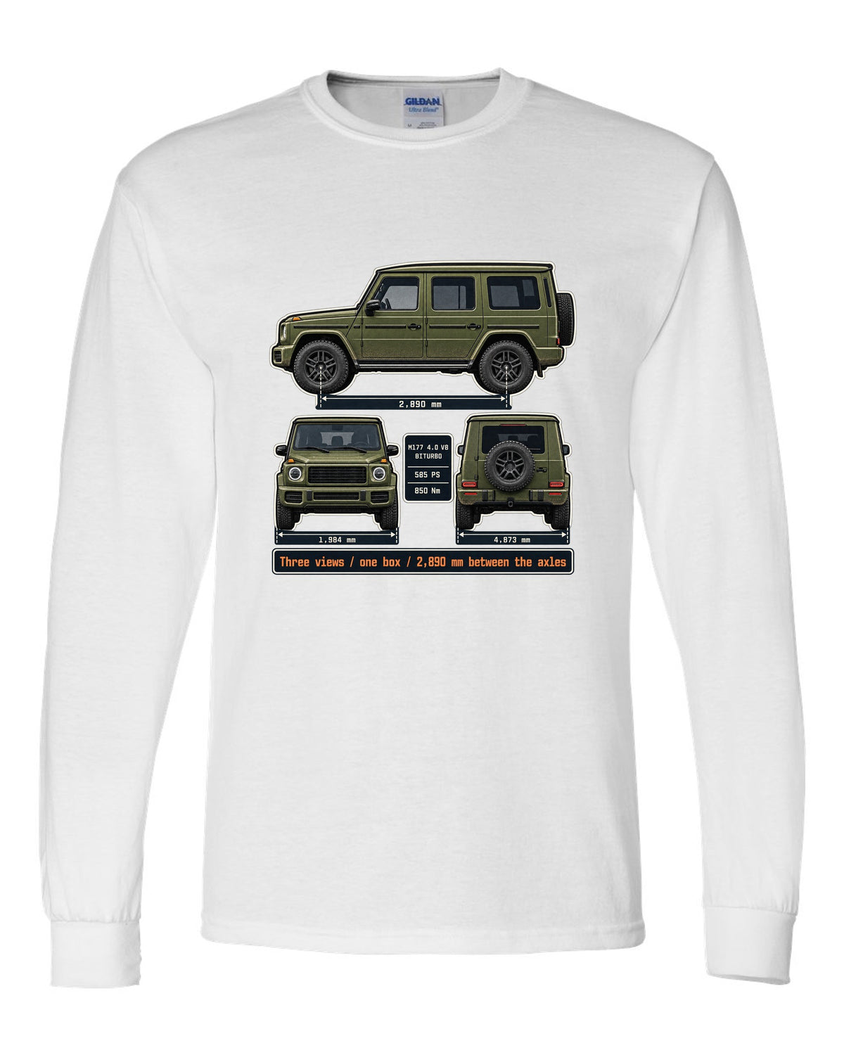 Three-view dossier print of a Mercedes-AMG G63 W463A white long sleeve front view with the design