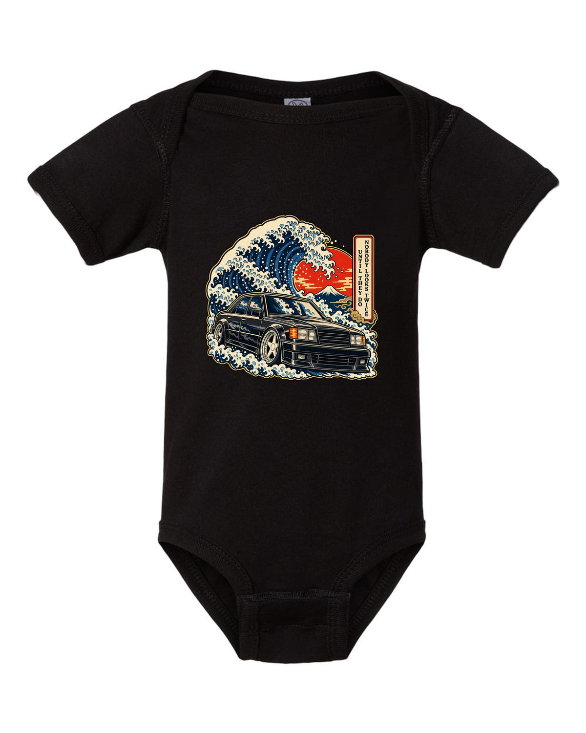 Ukiyo-e woodblock wave over a Mercedes 300E Hammer W124 with caption text black baby onesie front view with the design