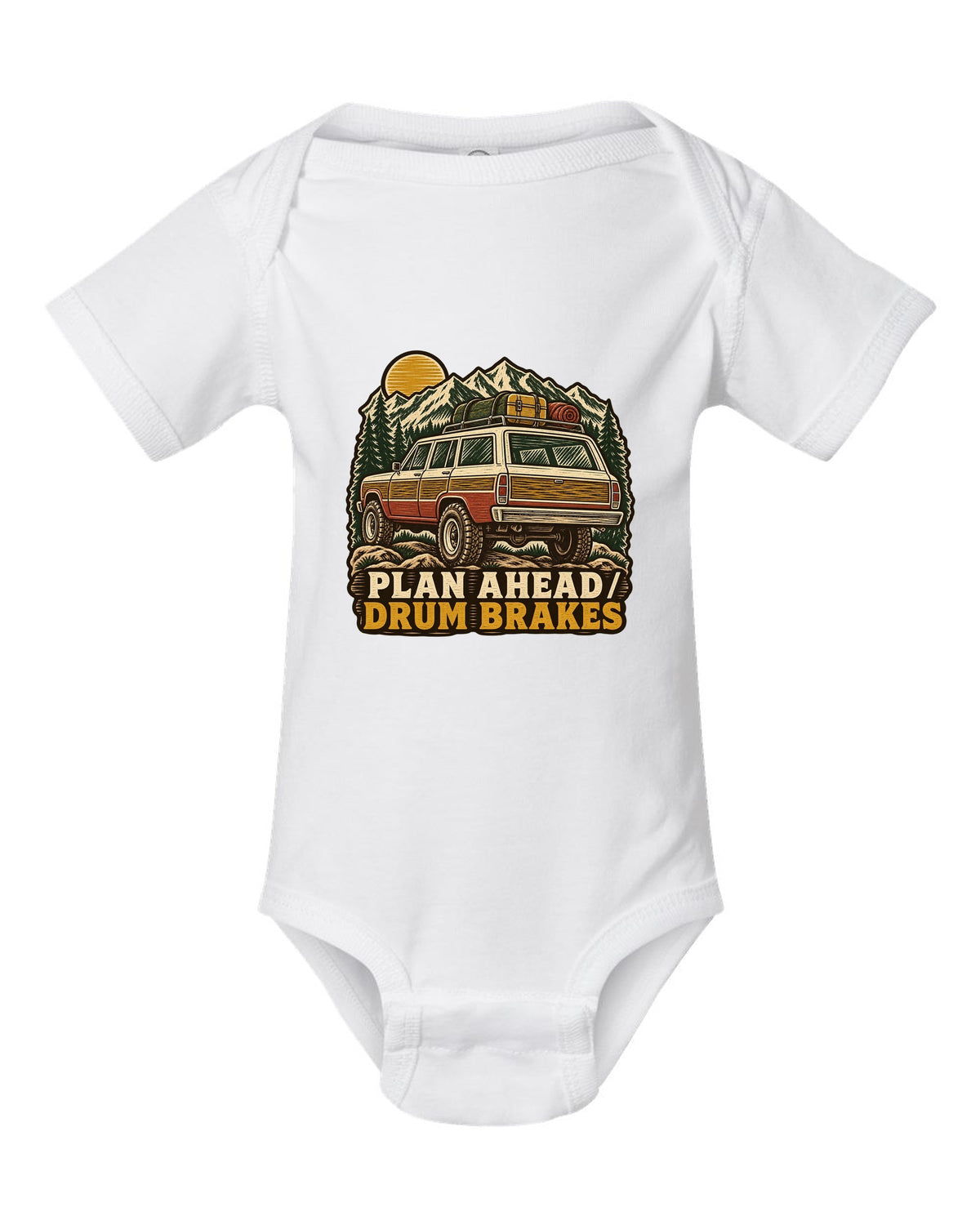 Linocut woodcut of a Toyota Land Cruiser FJ55 with Plan Ahead Drum Brakes lettering white baby onesie front view with the design