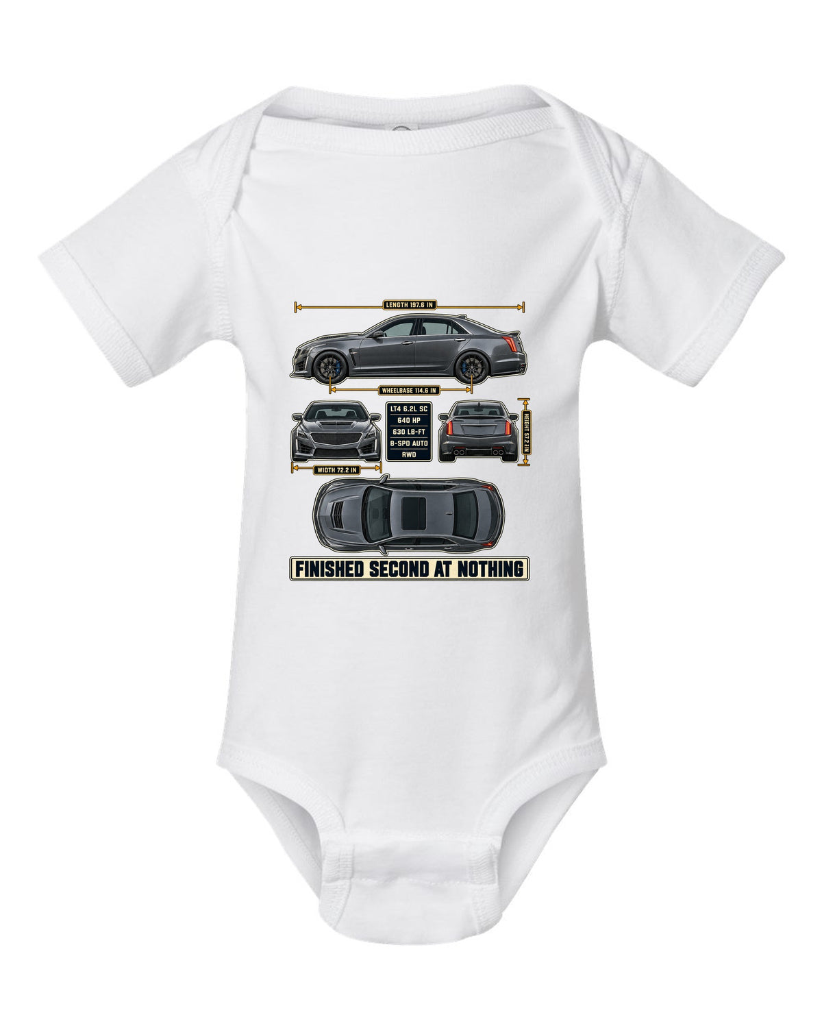 Dimension blueprint print of a 2016-19 Cadillac CTS-V sedan white baby onesie front view with the design