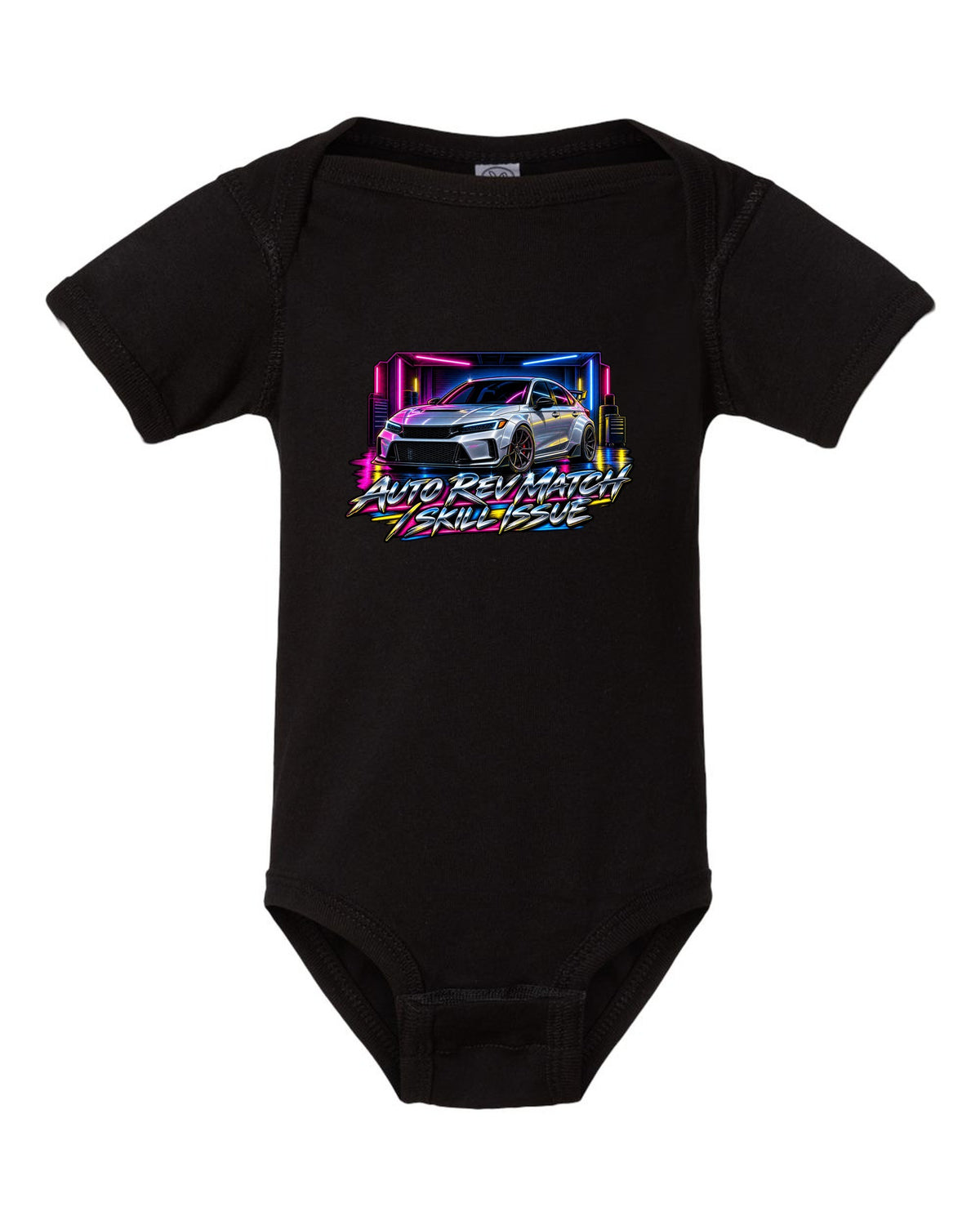 80s airbrush poster style print of a 2023 Honda Civic FL5 ch with auto rev match text black baby onesie front view with the design