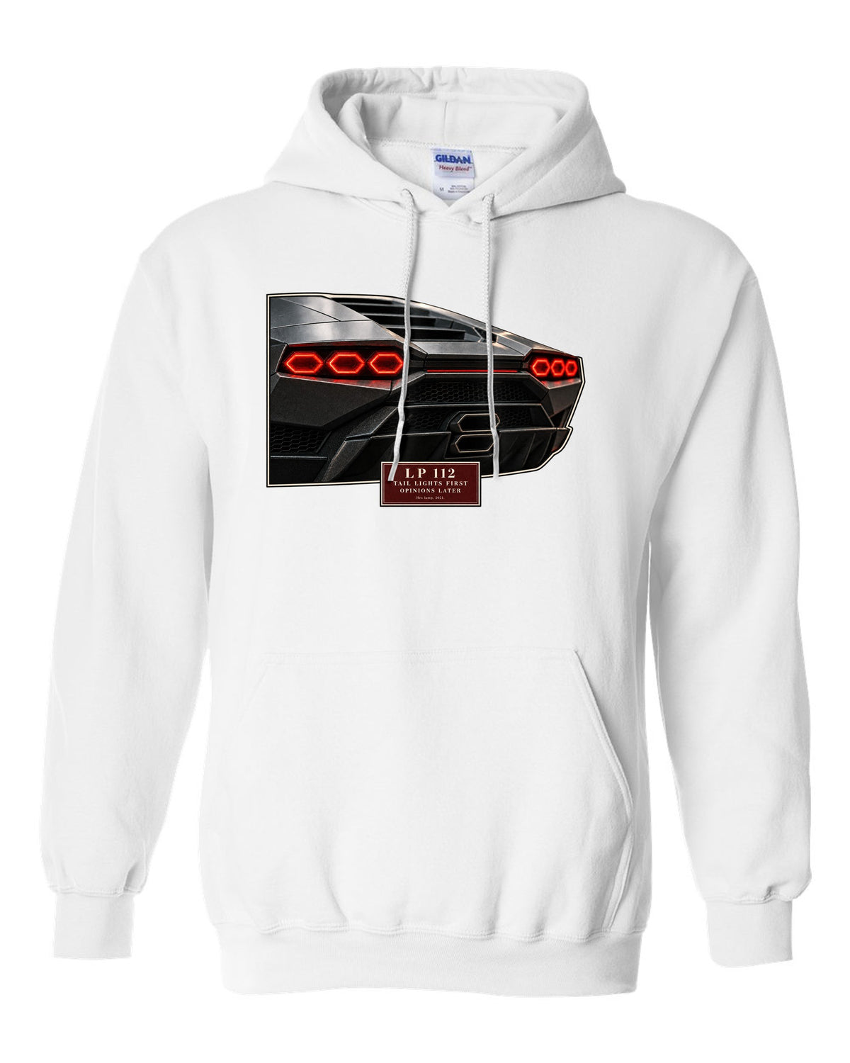 Lamborghini Countach LPI 800-4 taillight macro print with LP 112 lettering white pull over hoodie front view with the design