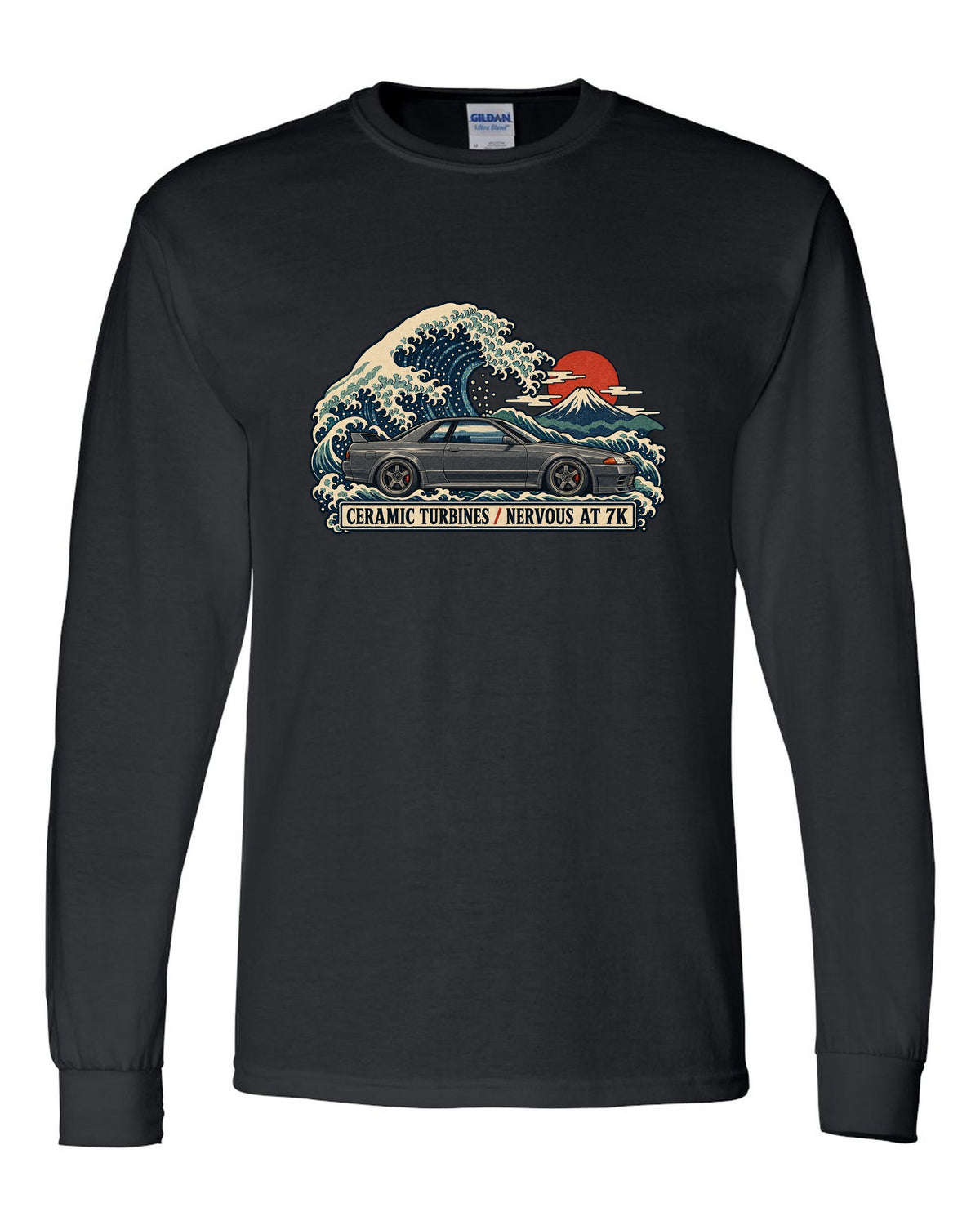 Ukiyo-e woodblock print of a gun grey Nissan Skyline GT-R R32 BNR32 on a wave black long sleeve front view with the design