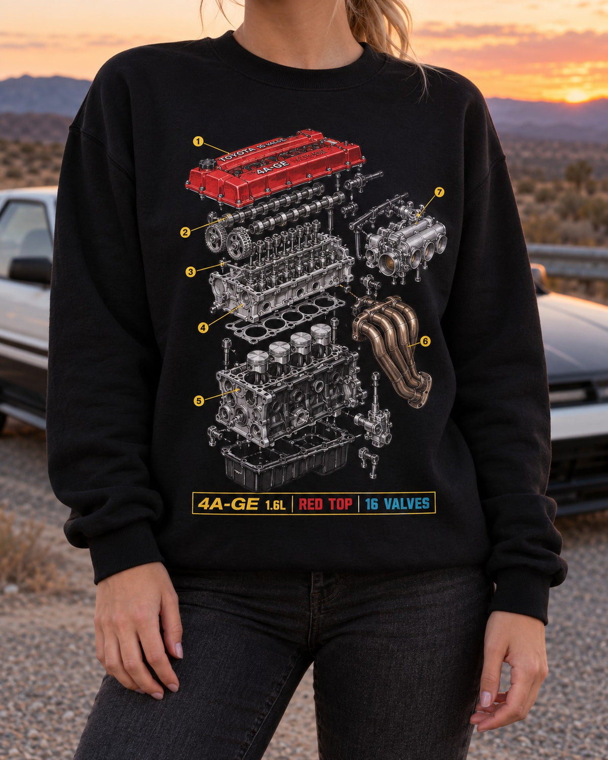 Toyota AE86 Corolla Levin 4A-GE Exploded Blueprint Tee Crewneck Black worn hero