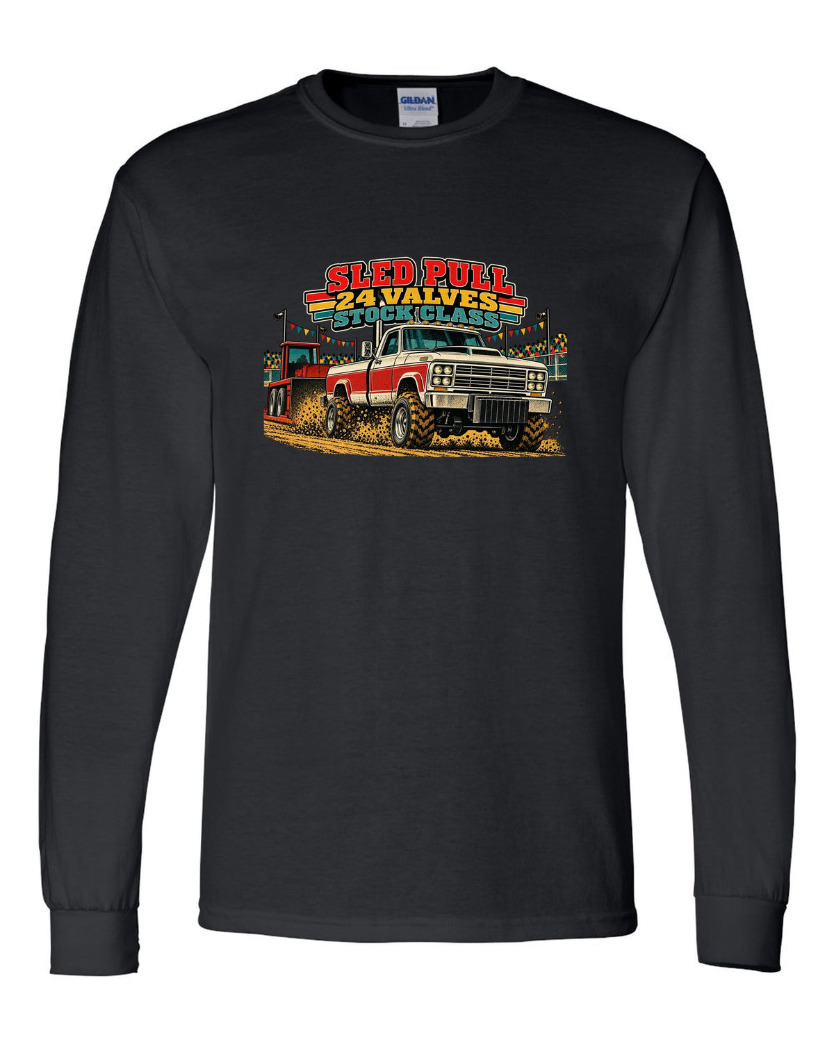 Vintage race poster print of a 1998.5-2002 Ram 2500 24V Cummins for a sled pull black long sleeve front view with the design