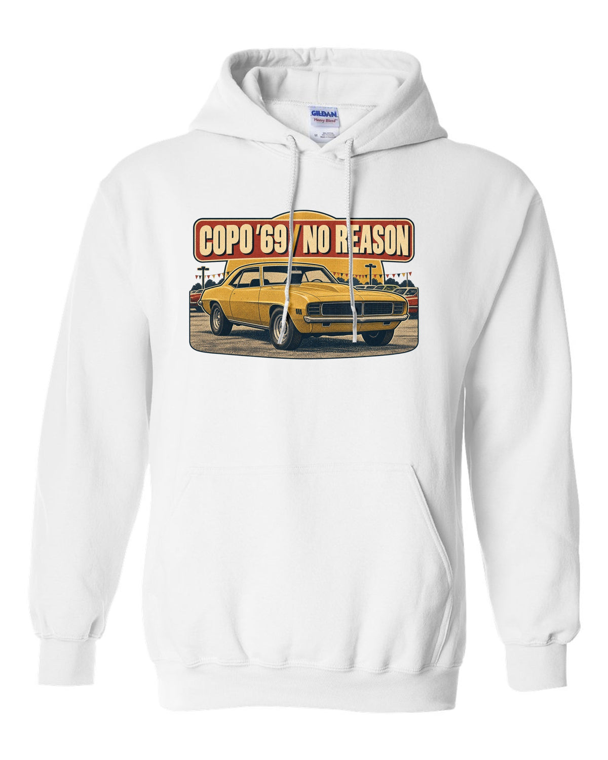 1970s catalogue ad layout with halftone shading of a 1969 Chevrolet Camaro COPO-style coupe white pull over hoodie front view with the design
