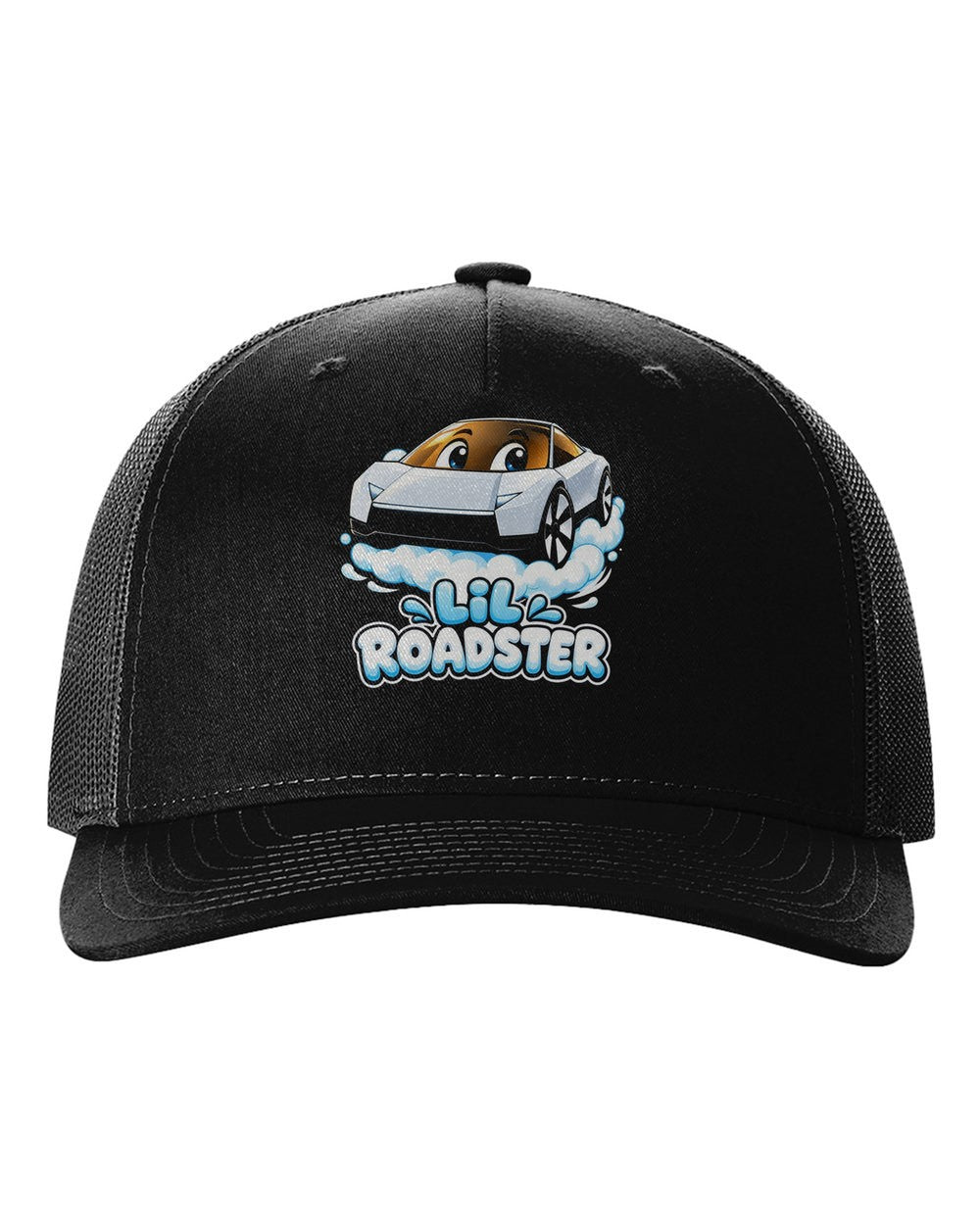 Lil Roadster Kids Shirt, Onesie & More black hat front view with car name