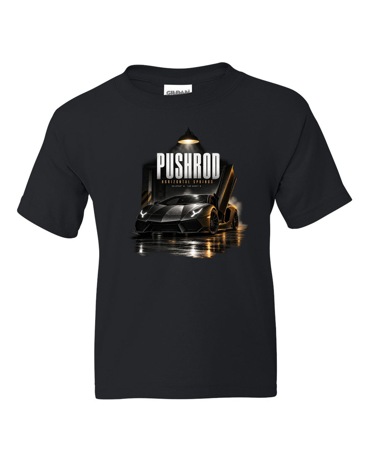 Garage night print of a Lamborghini Aventador S LP740-4 with Pushrod and Horizontal Springs text black kids tee front view with the design