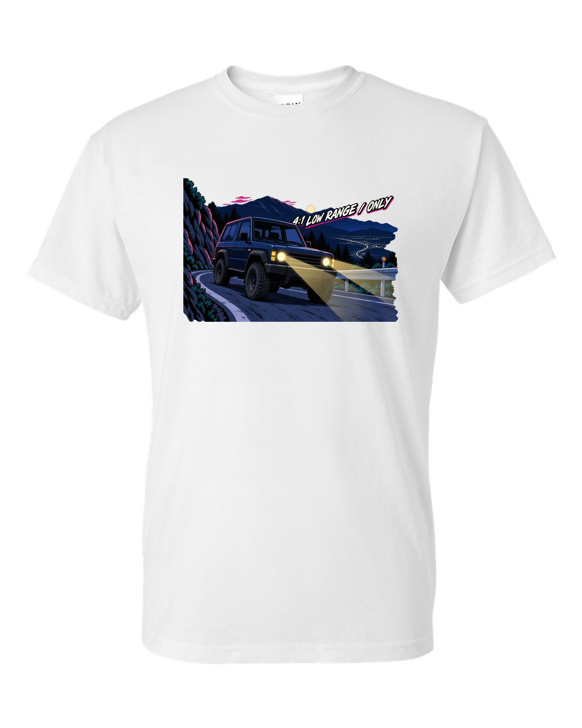 Jeep Wrangler JLU cel-shaded 90s anime night mountain pass with 4:1 low range only text white t-shirt front view with the design