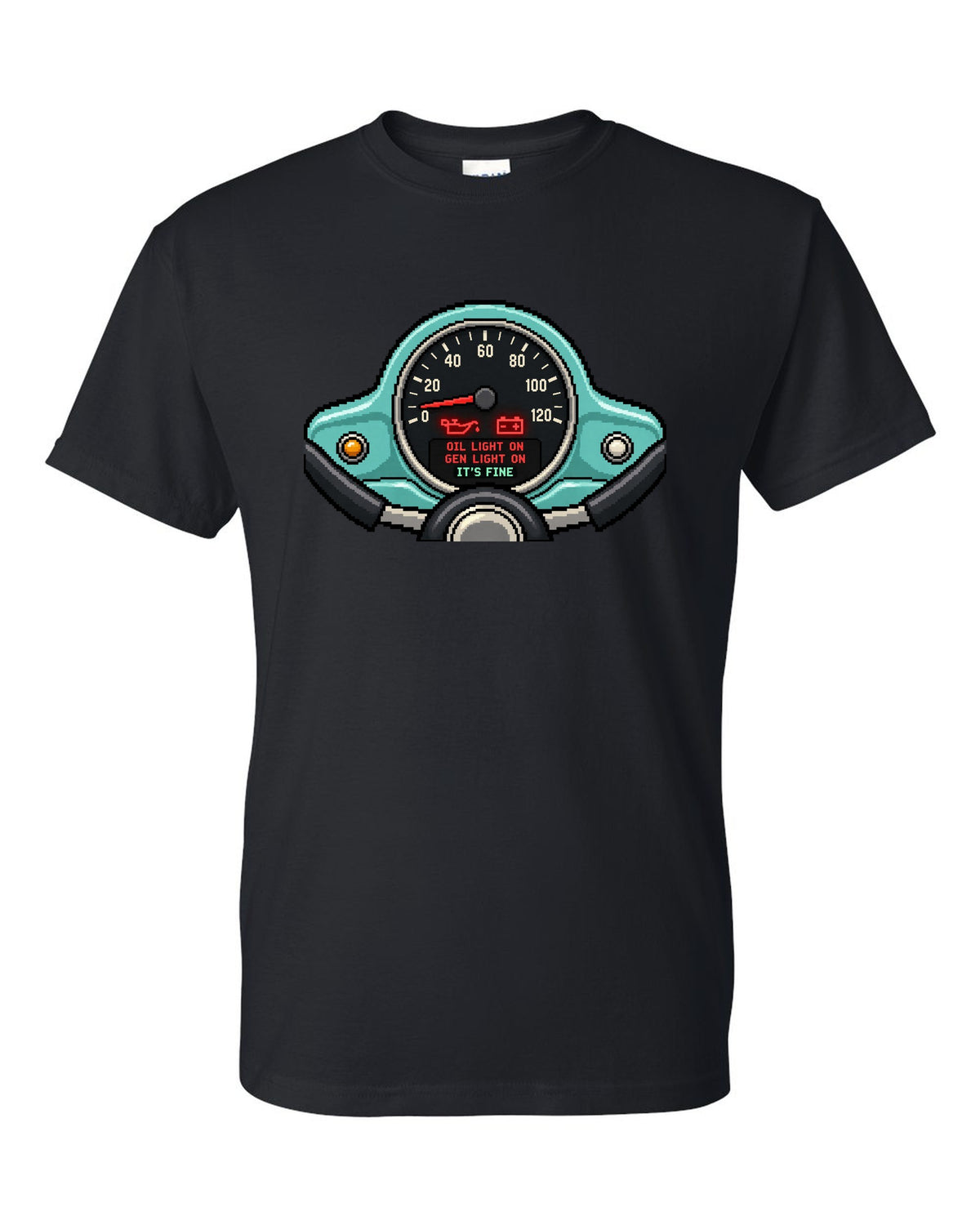Pixel LED segmented display print of a VW Beetle Type 1 dashboard with warning light lettering black t-shirt front view with the design