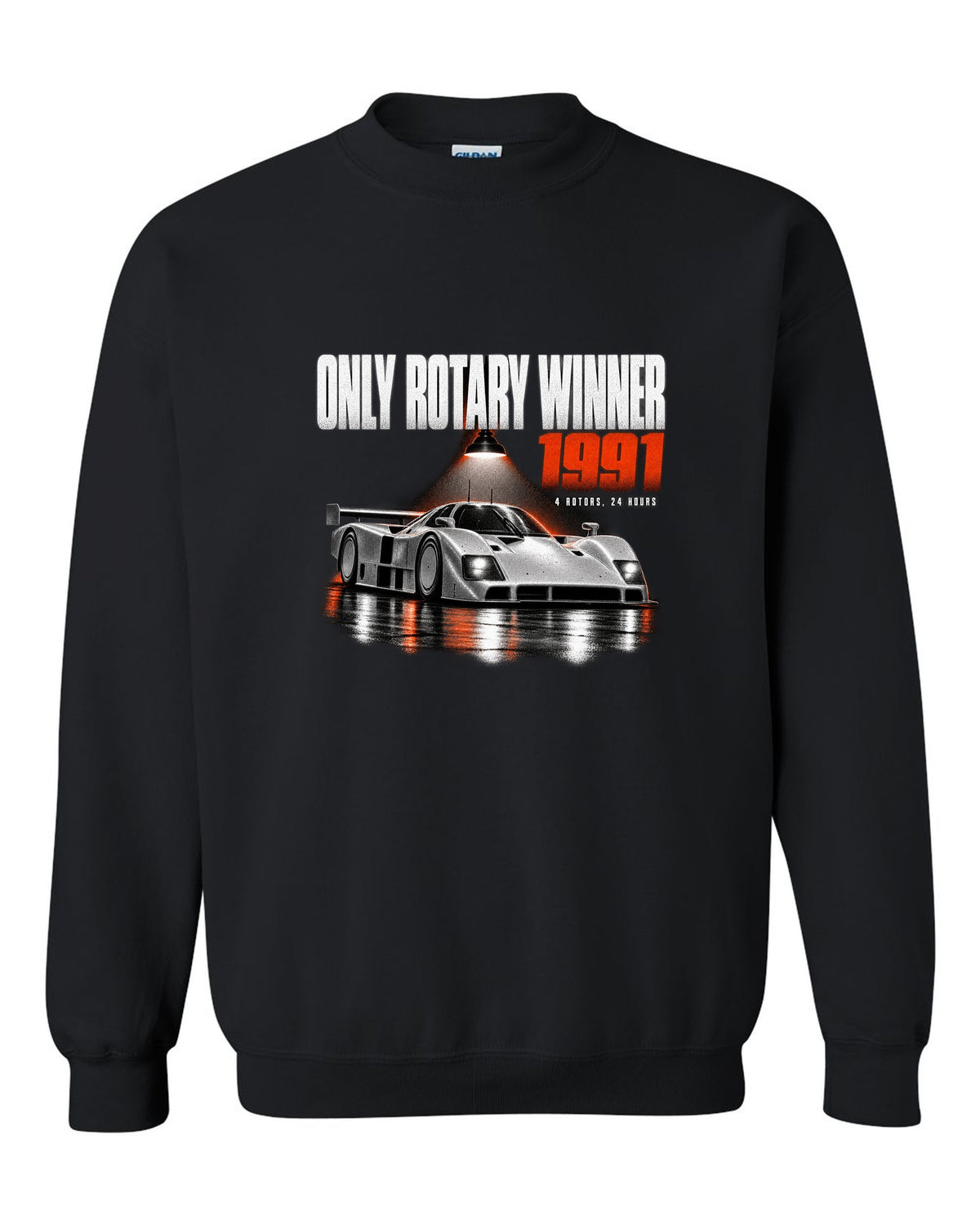 Mazda 787B in a dark garage with only rotary winner 1991 lettering black crewneck front view with the design