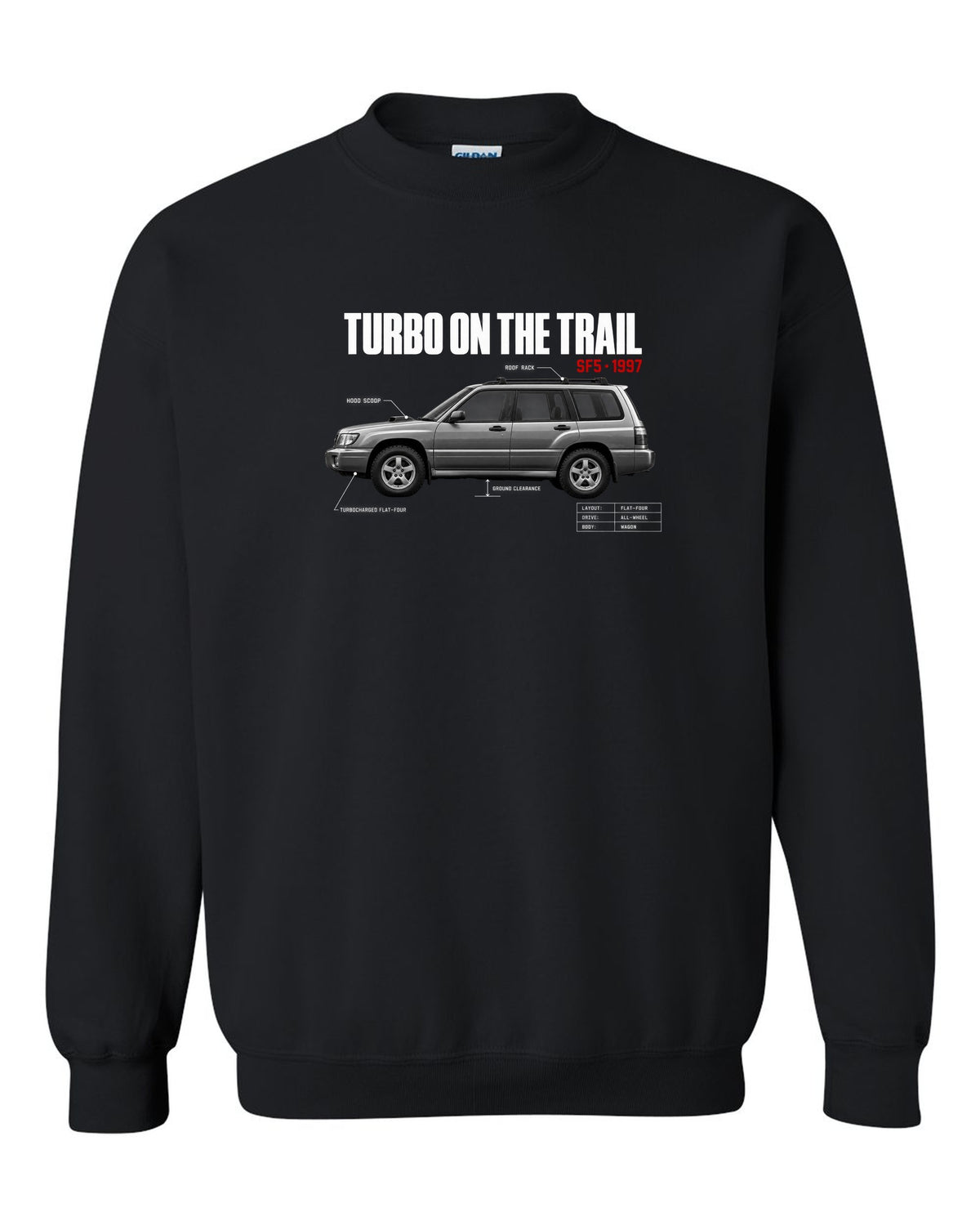 Spec poster print for the Subaru Forester SF5 reading Turbo on the Trail with hood scoop and roof rack details black crewneck front view with the design