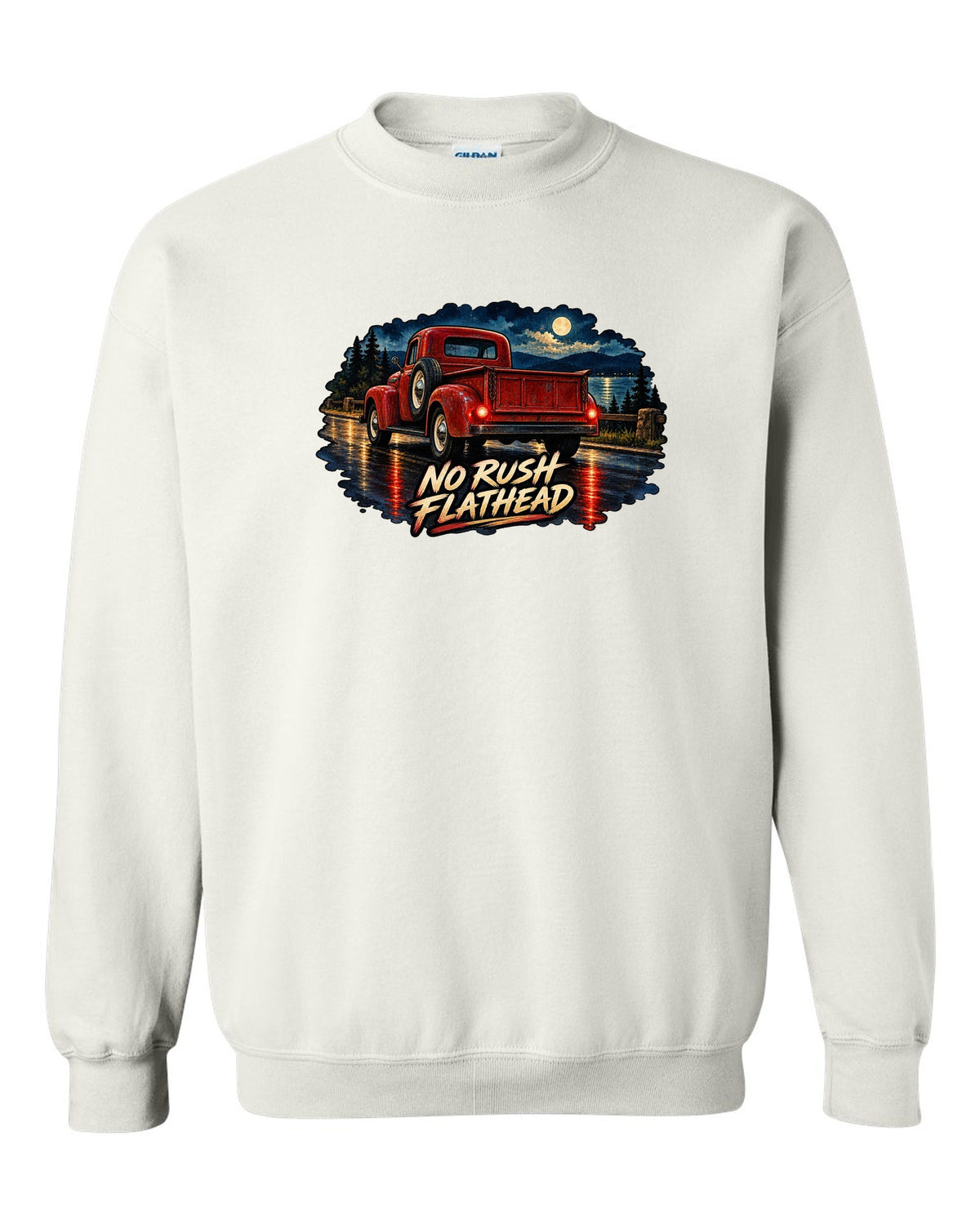 Watercolour wet-road night print of a red Dodge Power Wagon WM300 flat fender white crewneck front view with the design
