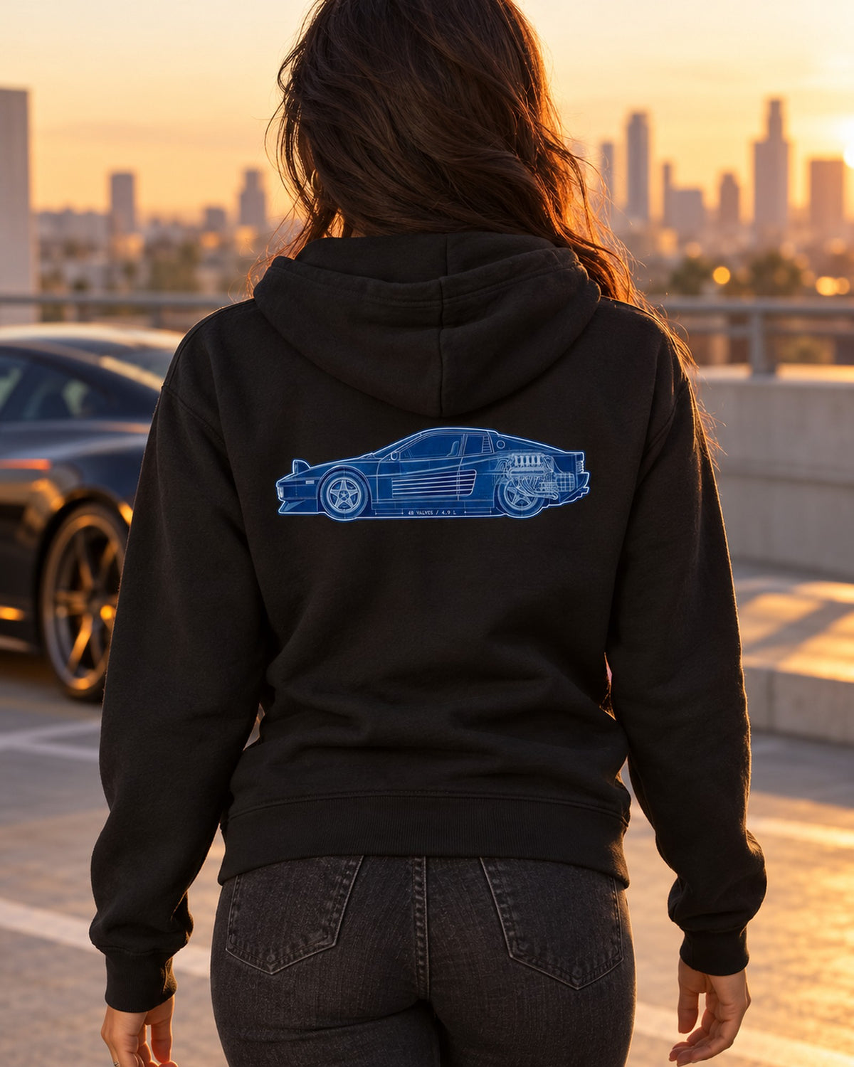 Ferrari Testarossa F110 Flat-12 Cyanotype Blueprint Tee Zip Hoodie Black worn hero