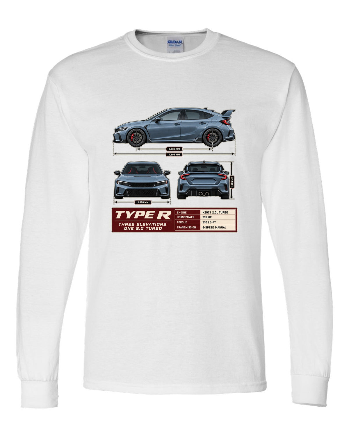Civic Type R FL5 Three-View Spec Sheet Tee for Car Guys white long sleeve front view with the design