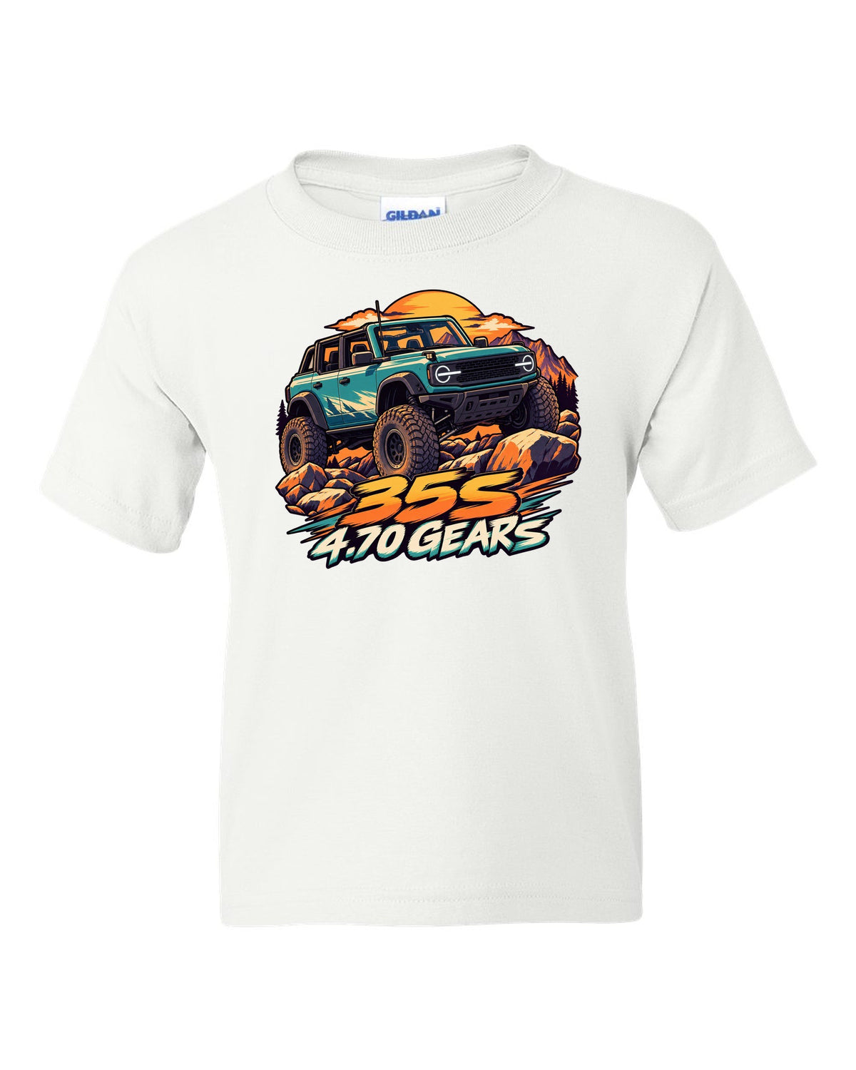Ford Bronco 6G four-door Sasquatch in a cel-shaded anime print white kids tee front view with the design