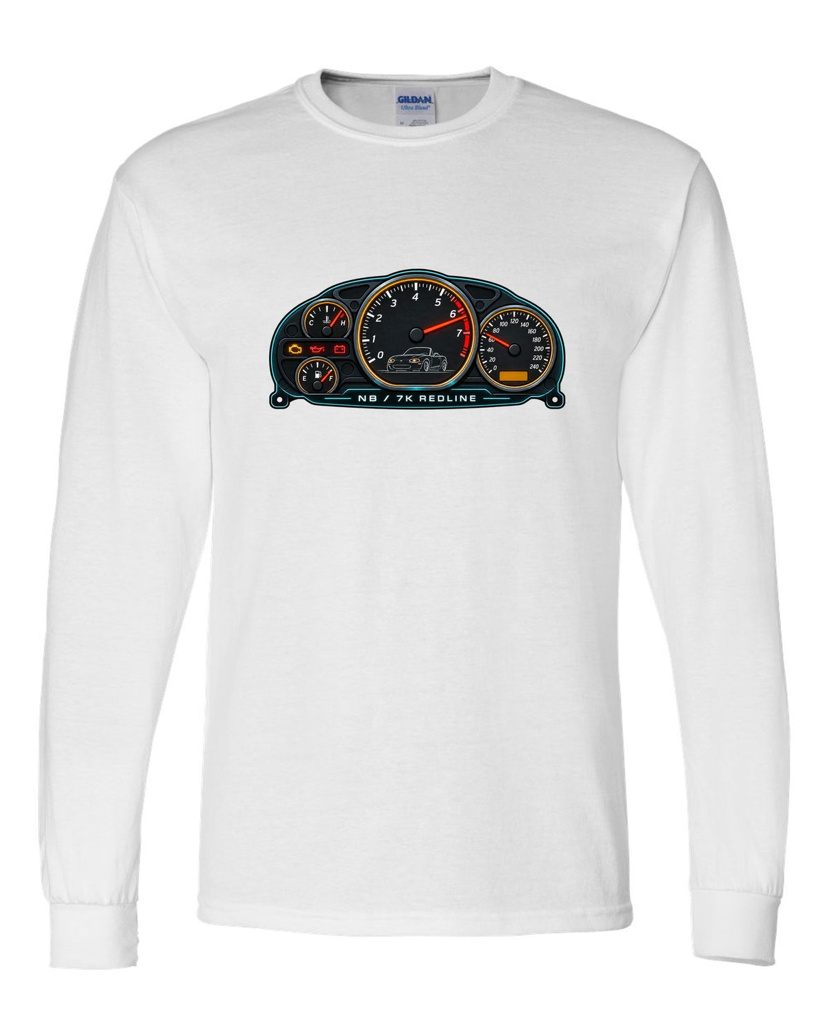 Retro Japanese Showa catalogue spread of a Mazda MX-5 NA with wheels and soft top text white long sleeve front view with the design