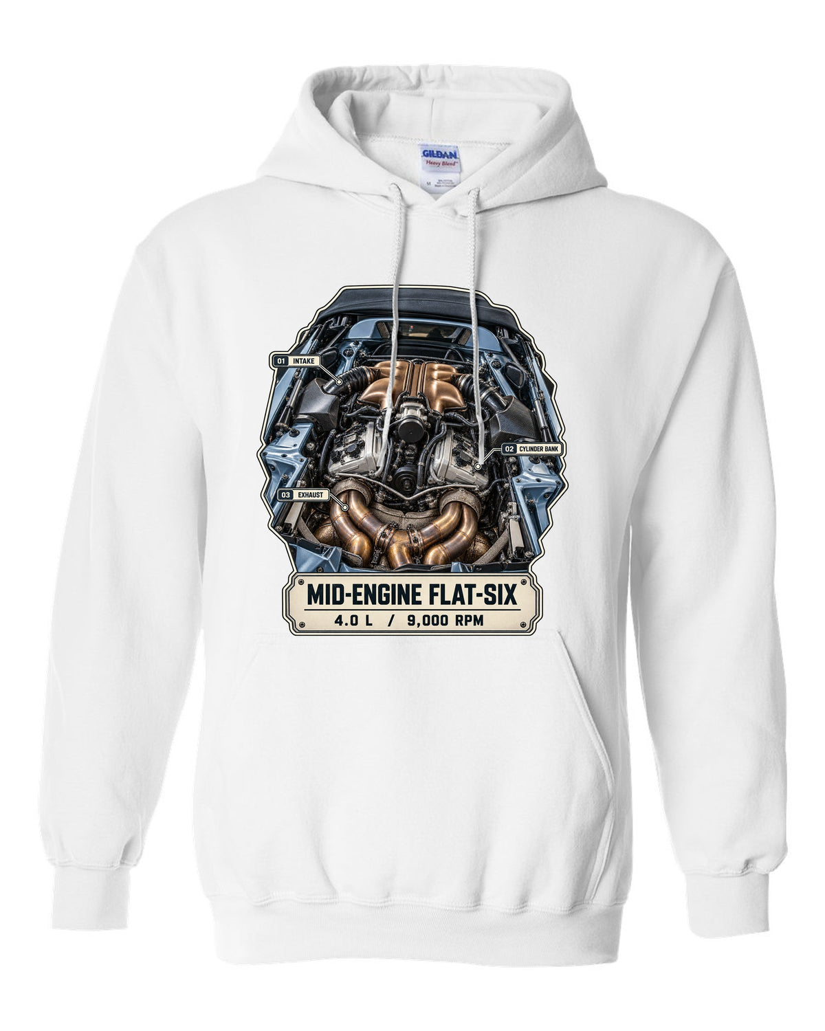 Engine hero print of a Porsche 718 Spyder RS 982 showing the mid-engine 4.0 L flat-six white pull over hoodie front view with the design