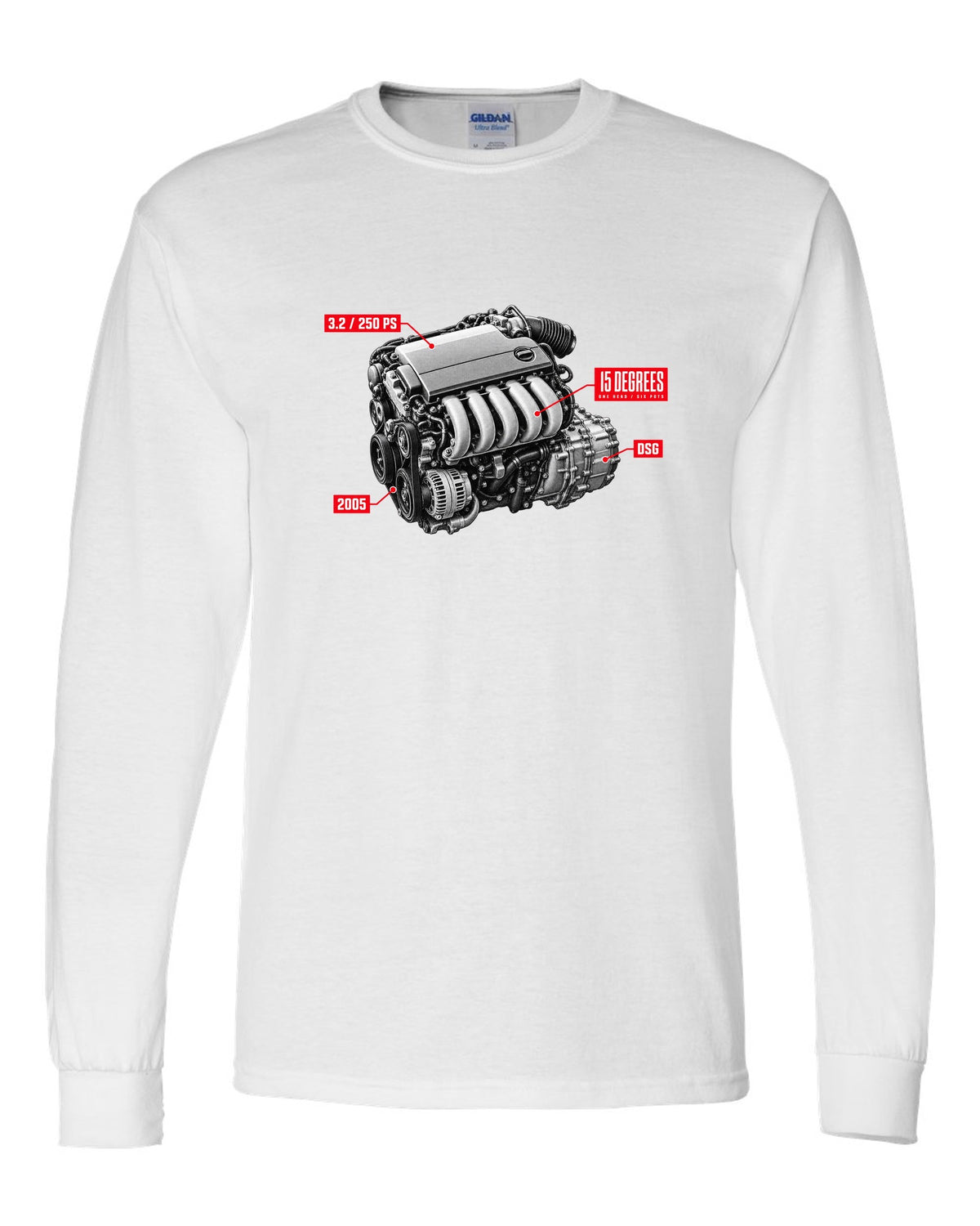 VW Golf R32 Mk5 2005 VR6 engine hero design with 15 degrees one head text white long sleeve front view with the design