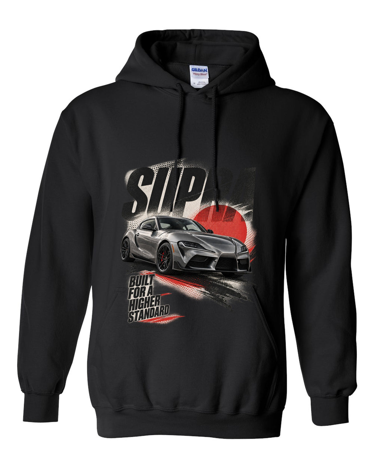Interior cockpit and gauge view of the Toyota GR Supra A91-MT with rev-match text black pull over hoodie front view with the design
