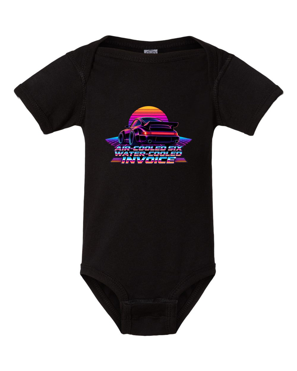 Synthwave gradient print of a Porsche 911 Turbo 964 with air-cooled six water-cooled invoice lettering black baby onesie front view with the design