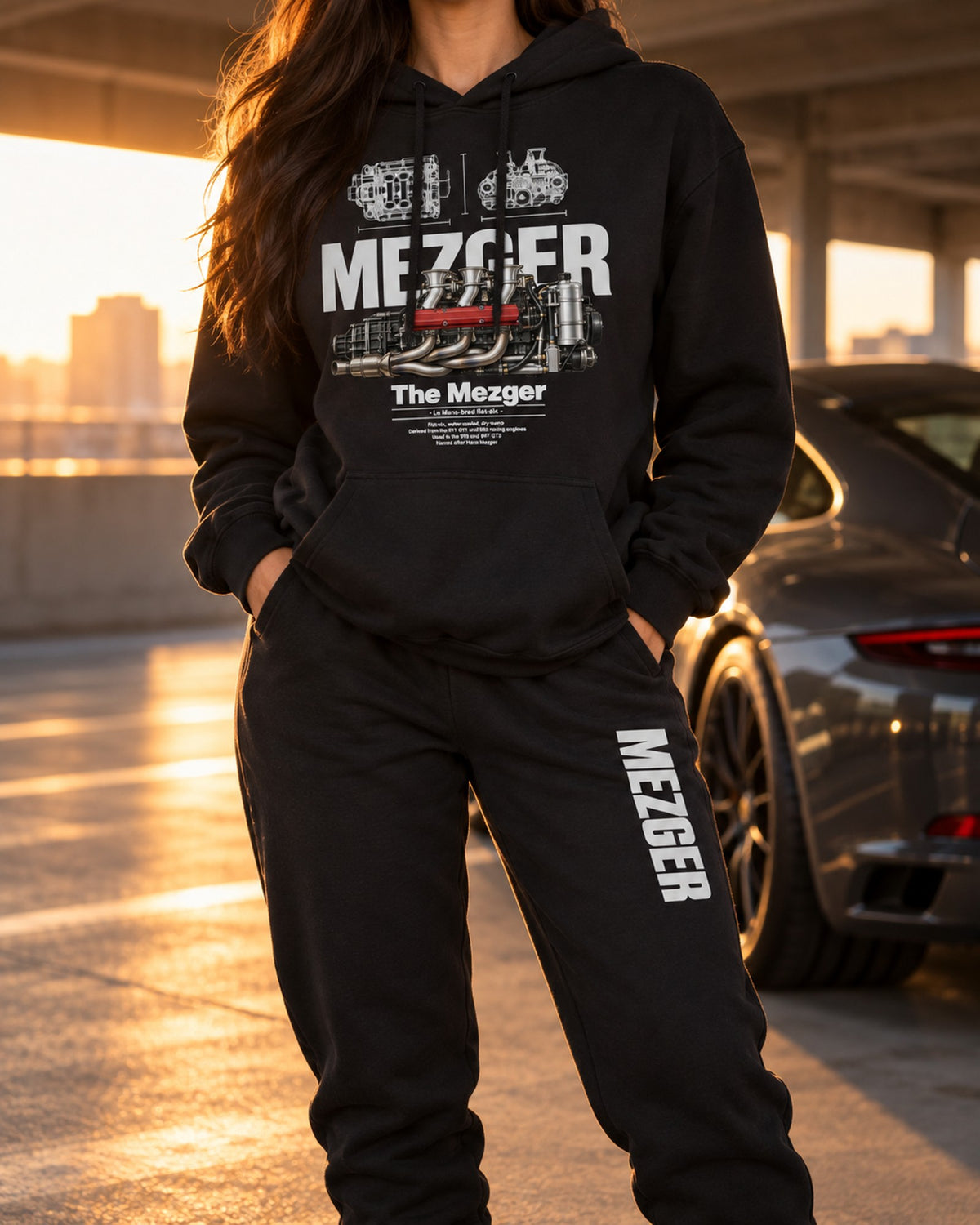 Porsche Mezger Engine Hoodie + Jogger Set Black worn hero