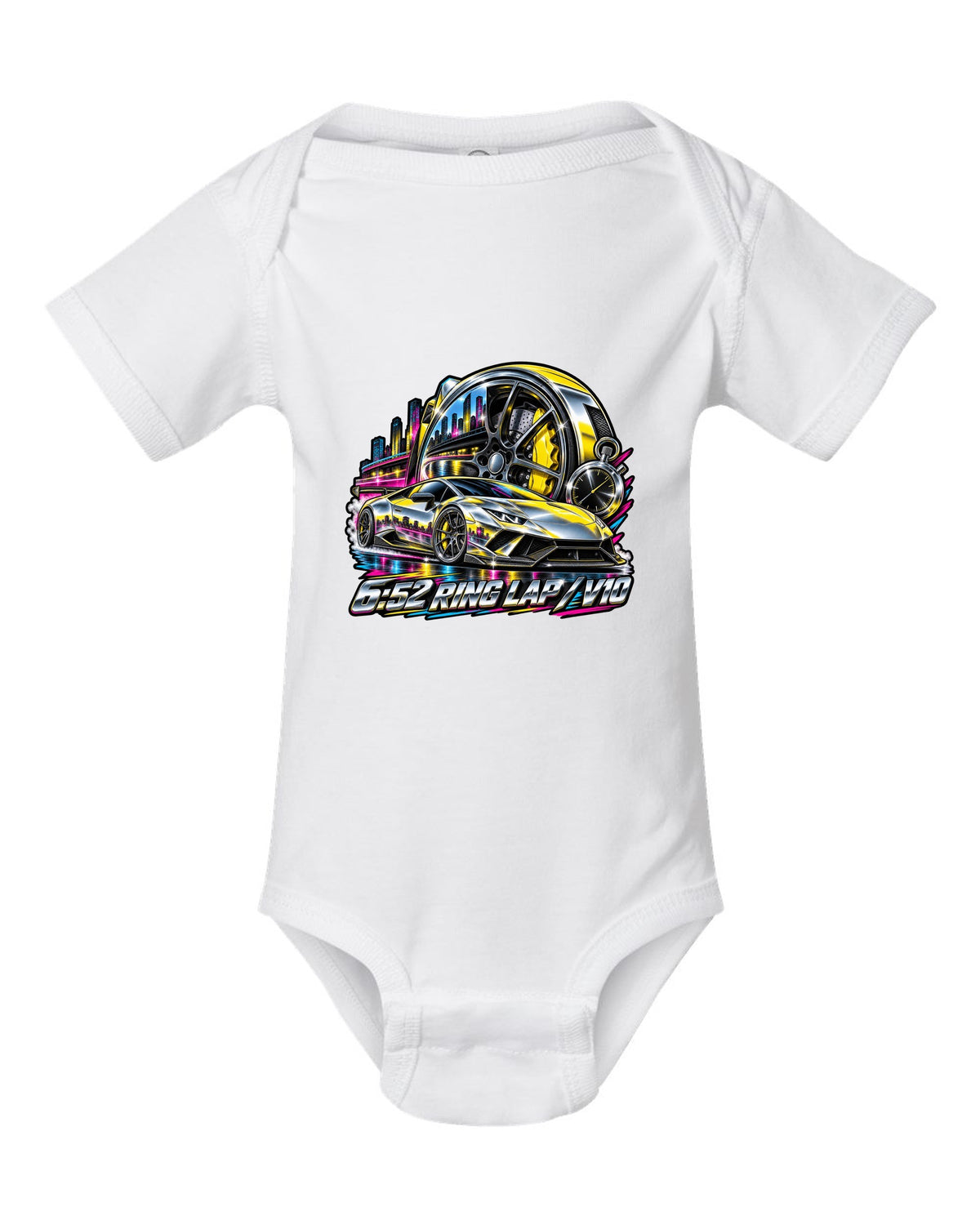 80s airbrush chrome Lamborghini Huracan Performante LP640-4 wheel and caliper with text 6:52 RING LAP / V10 white baby onesie front view with the design