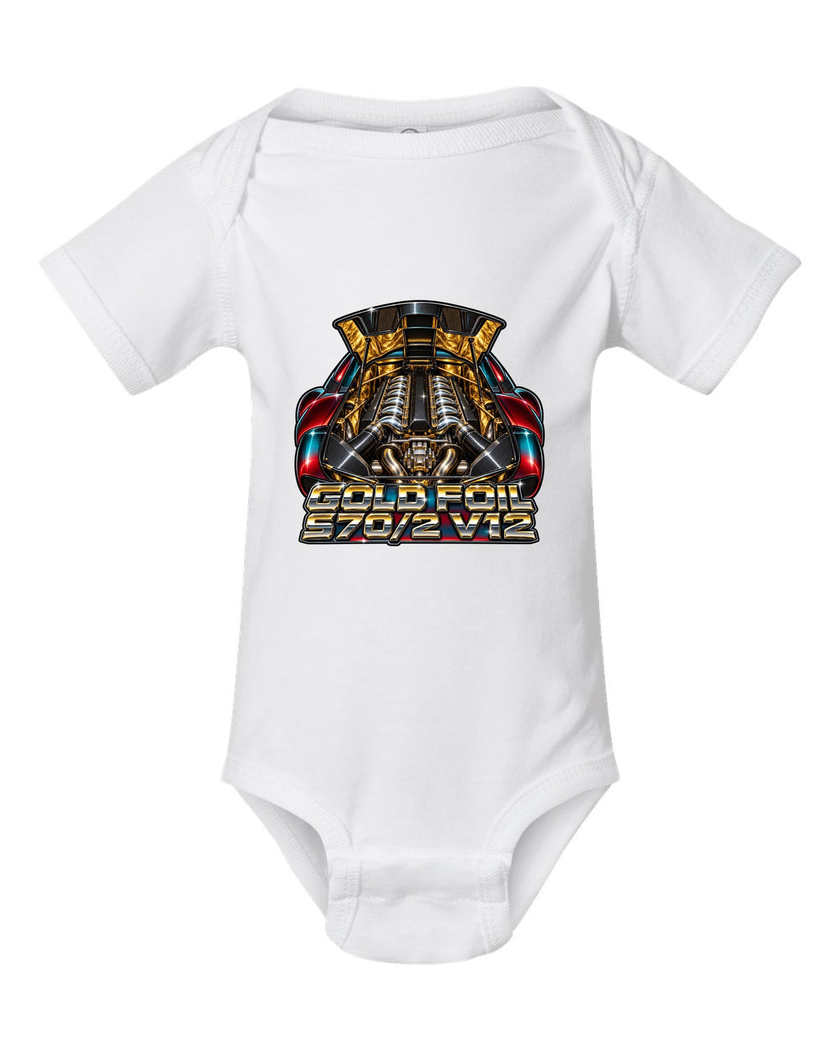 80s airbrush chrome print of the McLaren F1 gold foil engine bay with S70/2 V12 lettering white baby onesie front view with the design
