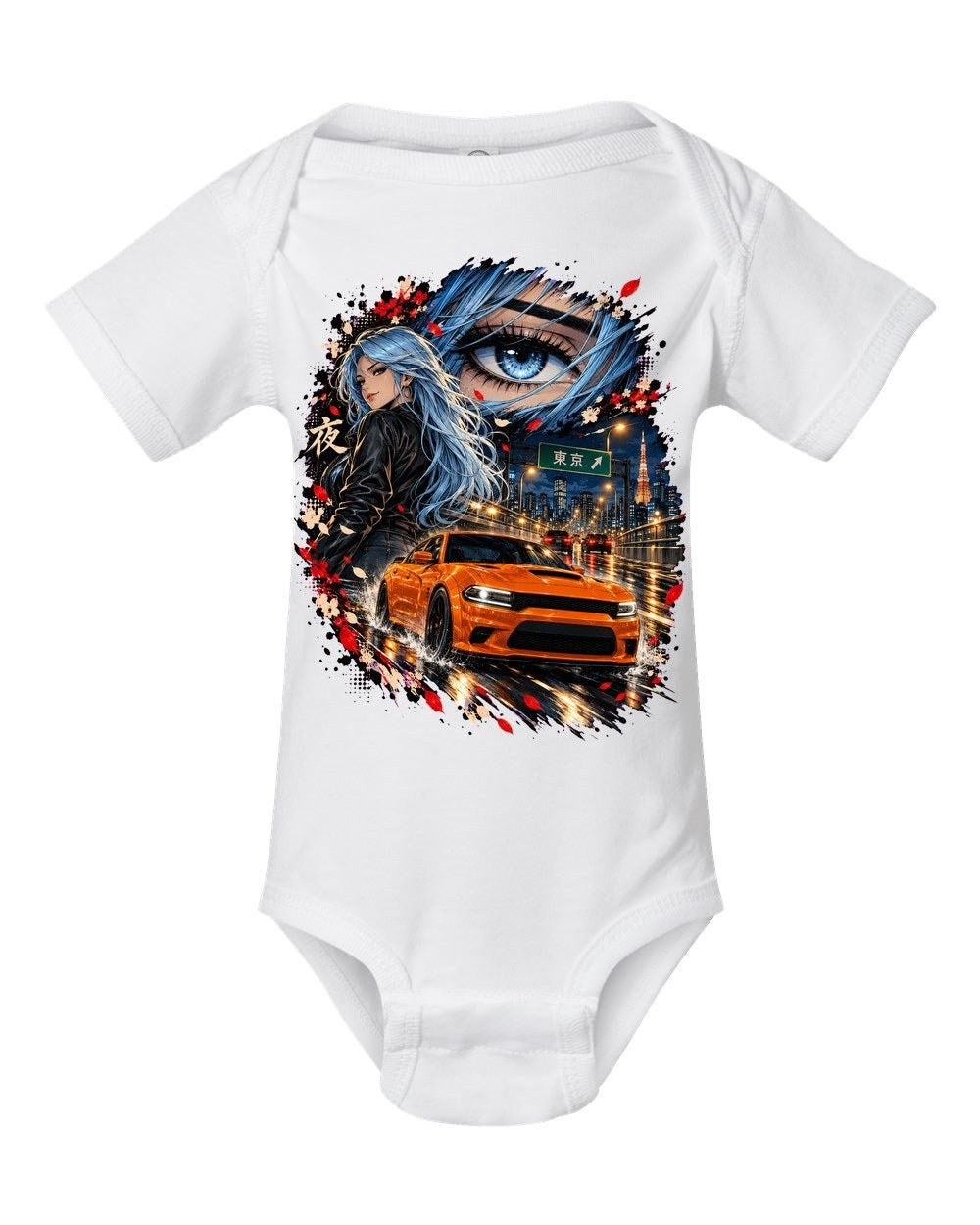 Dodge Charger Hellcat Anime Girl Baby Onesie White front