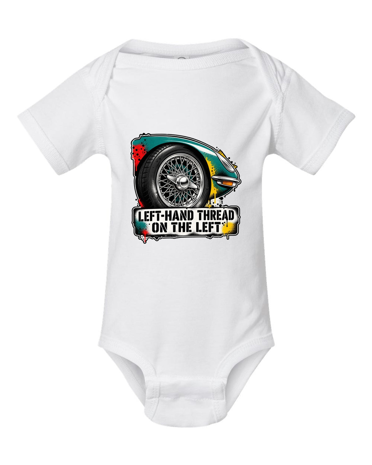 Jaguar E-Type Series 1 stencil spray with LEFT-HAND THREAD ON THE LEFT lettering white baby onesie front view with the design