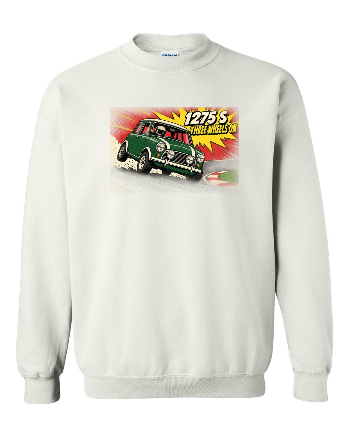Pop-art flat colour print of a Classic Mini Cooper S 1275 S on three wheels with speed lines white crewneck front view with the design