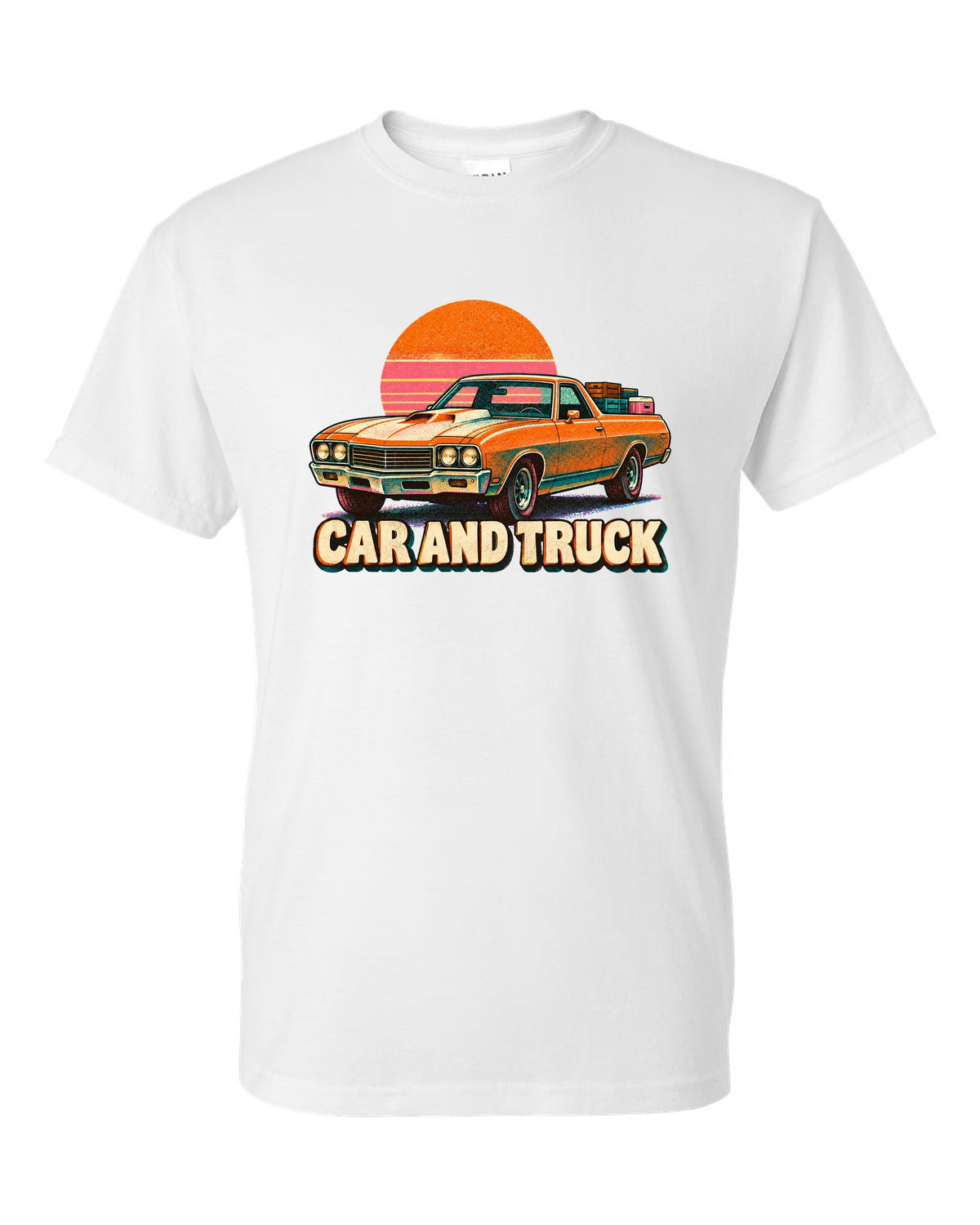1970 Chevrolet El Camino SS 454 risograph spot-colour print reading Car and Truck white t-shirt front view with the design