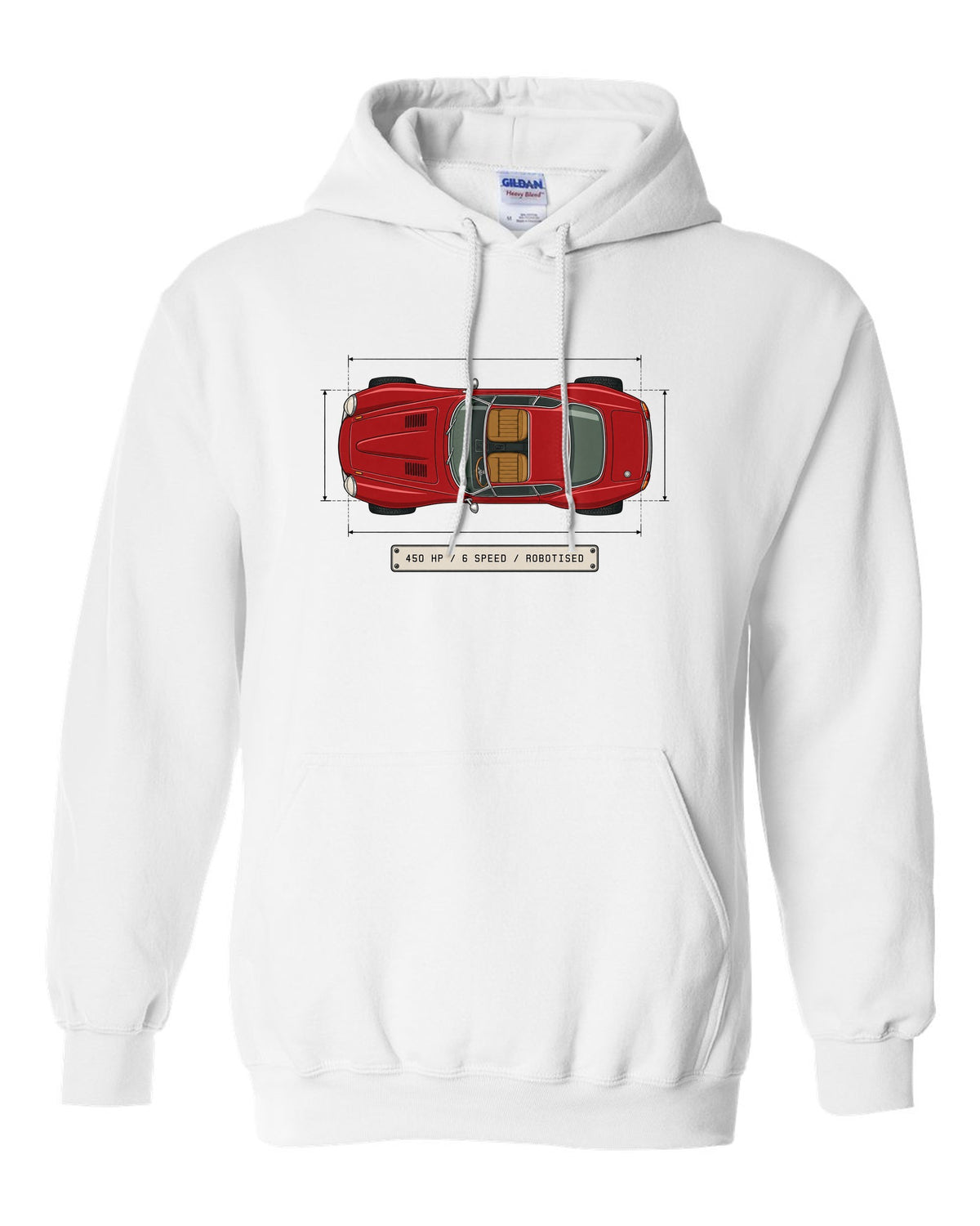 Spec sheet data plate for an Alfa Romeo 8C Competizione with 450 HP 6 speed robotised white pull over hoodie front view with the design
