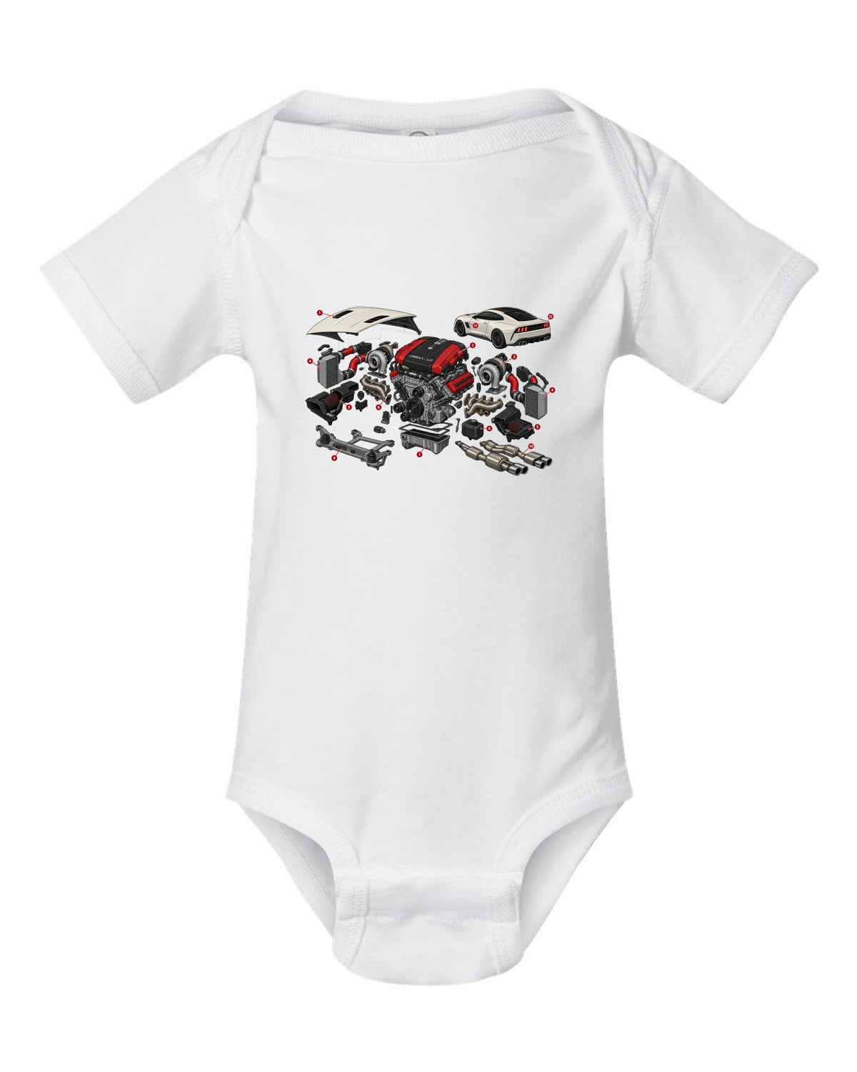 Isometric exploded cutaway print of the Kia Stinger GT CK Lambda II 3.3T engine white baby onesie front view with the design