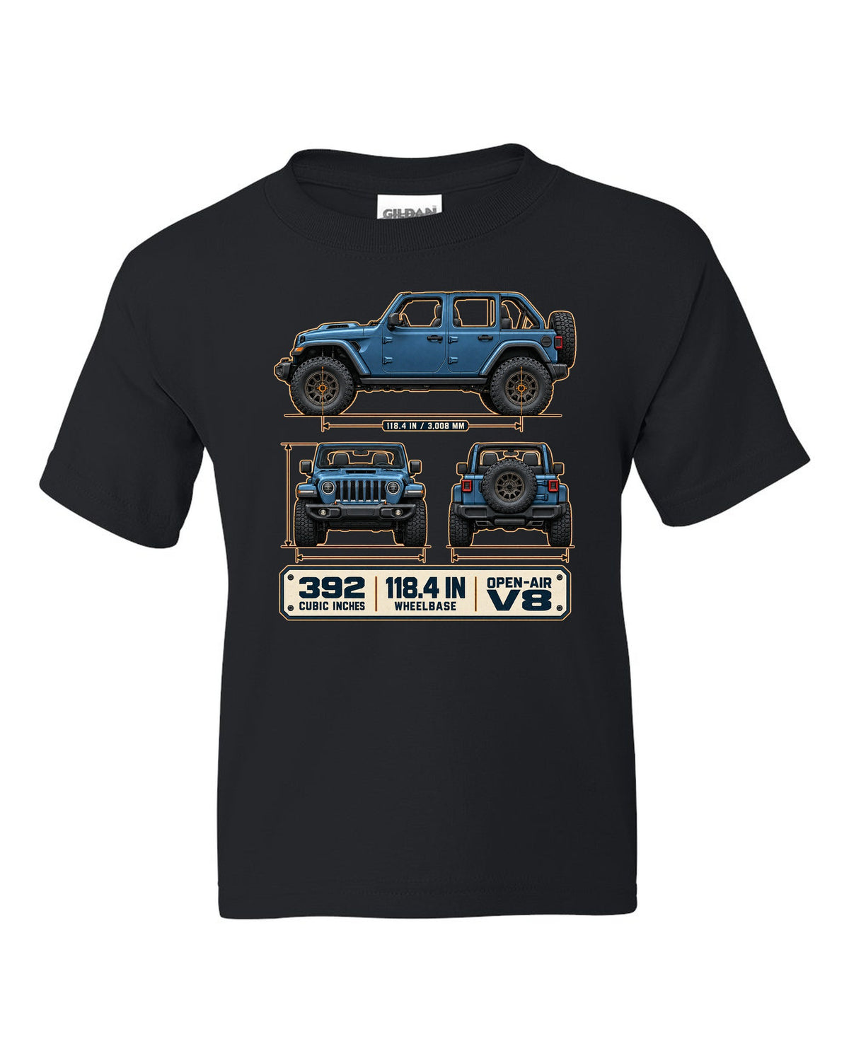Dimension blueprint print of the Jeep Wrangler Rubicon 392 JL showing wheelbase and V8 black kids tee front view with the design