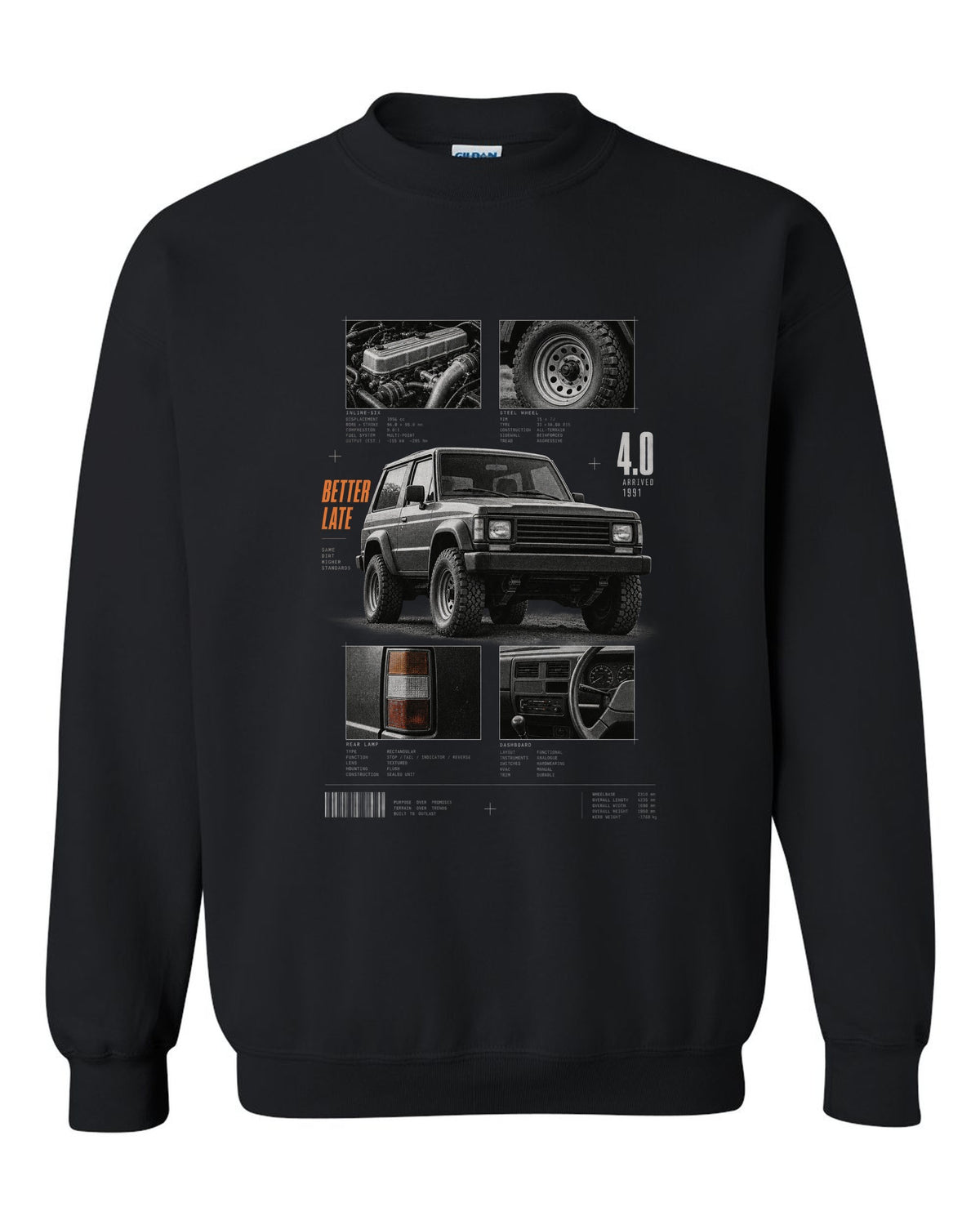 Dossier panel print for the Jeep Wrangler YJ 4.0, arrived 1991 black crewneck front view with the design